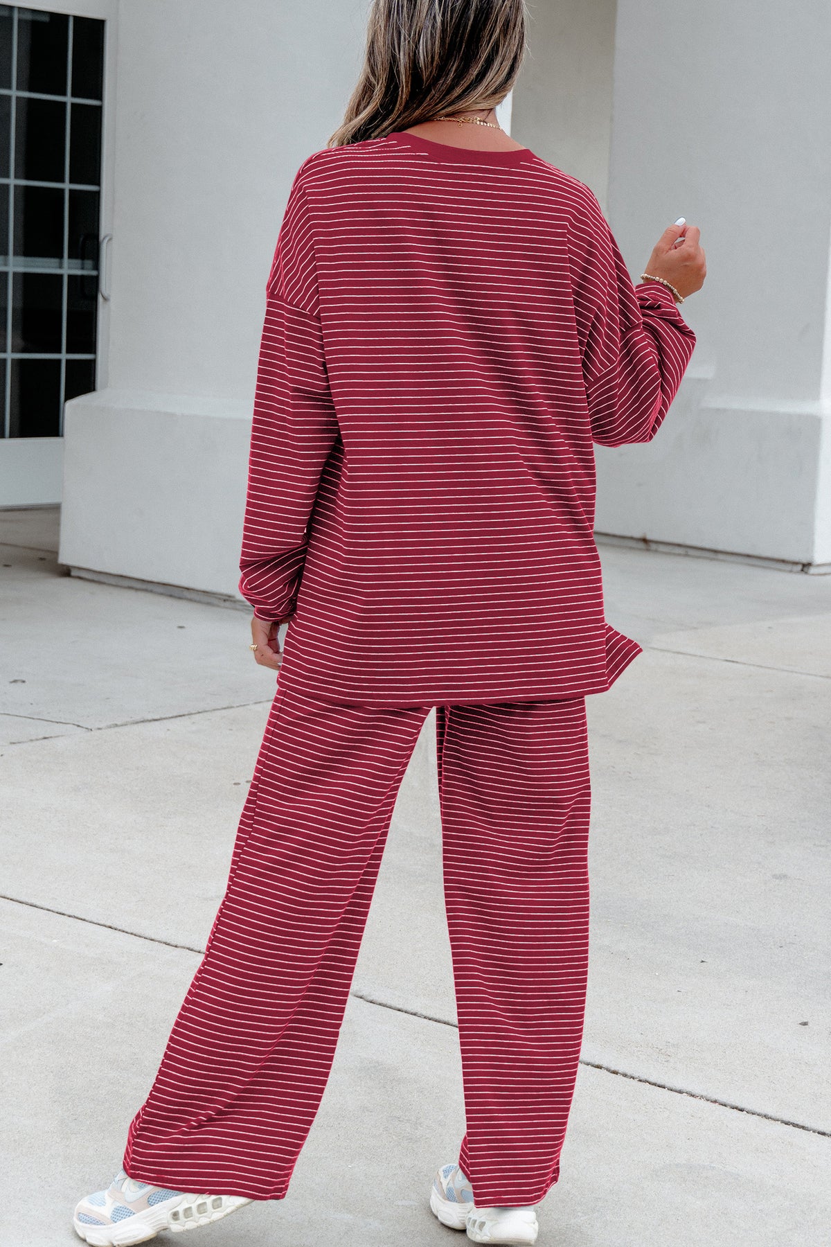 Black Stripe Dropped Shoulder Long Sleeve Top Elastic Waist Pants Casual 2pcs Set-Two Piece Sets/Pant Sets-[Adult]-[Female]-2022 Online Blue Zone Planet