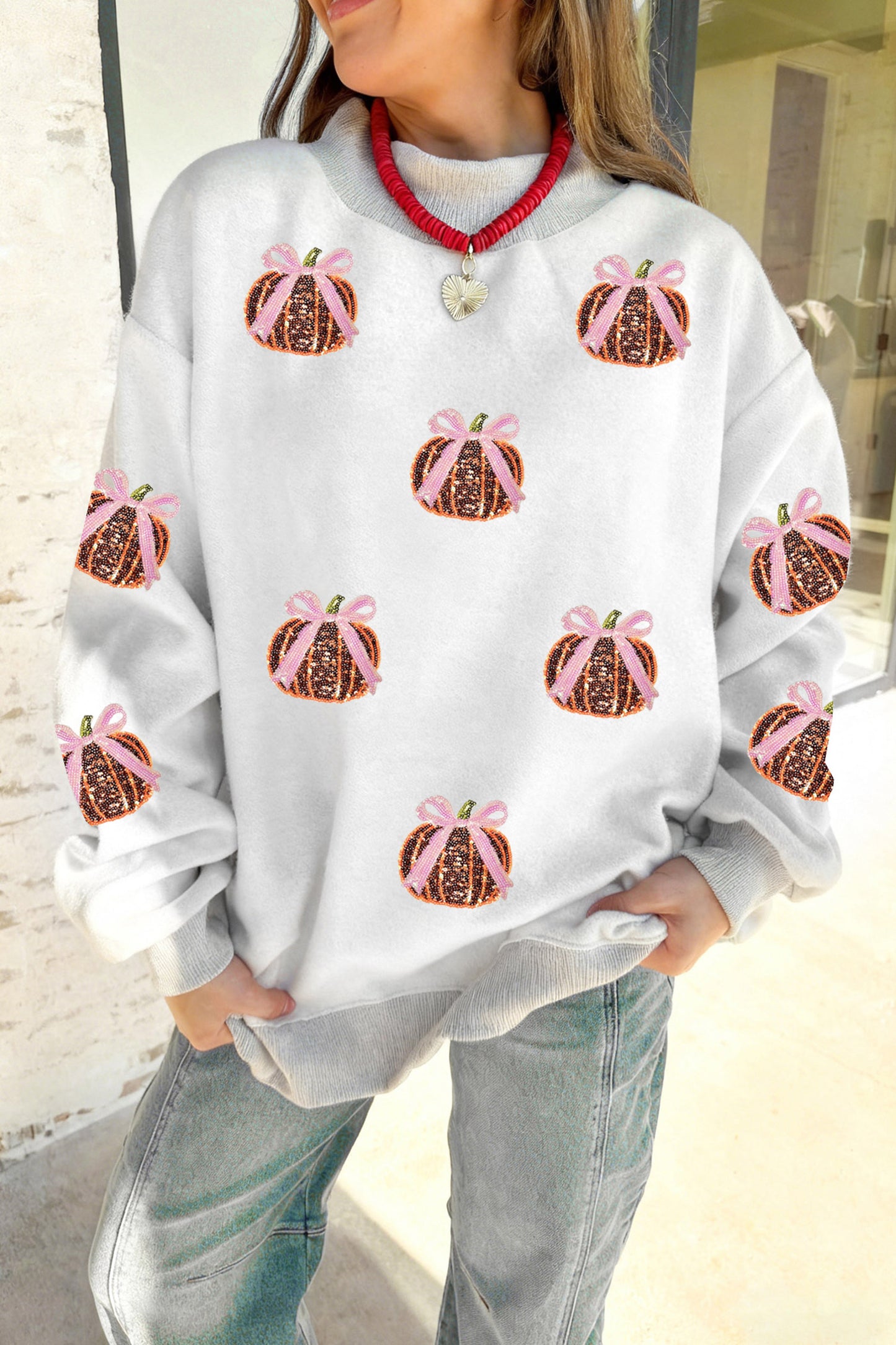 Light Grey Sequin Bow Pumpkin Patch Color Block High Neck Sweatshirt
