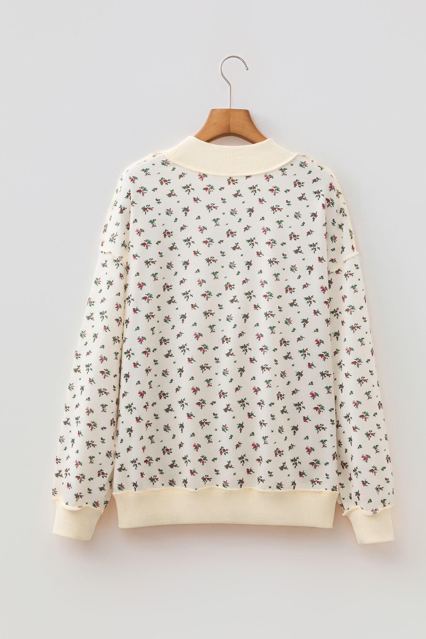 Beige Ribbed High Neck Patchwork Floral Print Baggy Pullover Sweatshirt-Tops/Sweatshirts & Hoodies-[Adult]-[Female]-2022 Online Blue Zone Planet