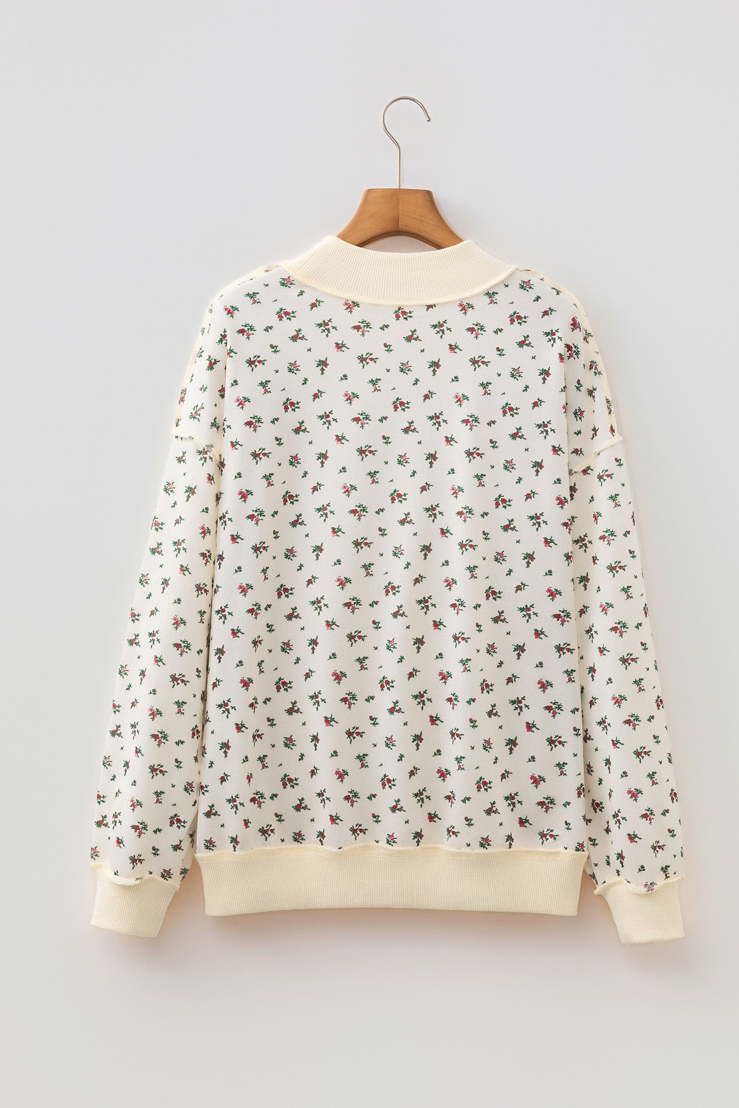 Beige Ribbed High Neck Patchwork Floral Print Baggy Pullover Sweatshirt-Tops/Sweatshirts & Hoodies-[Adult]-[Female]-2022 Online Blue Zone Planet