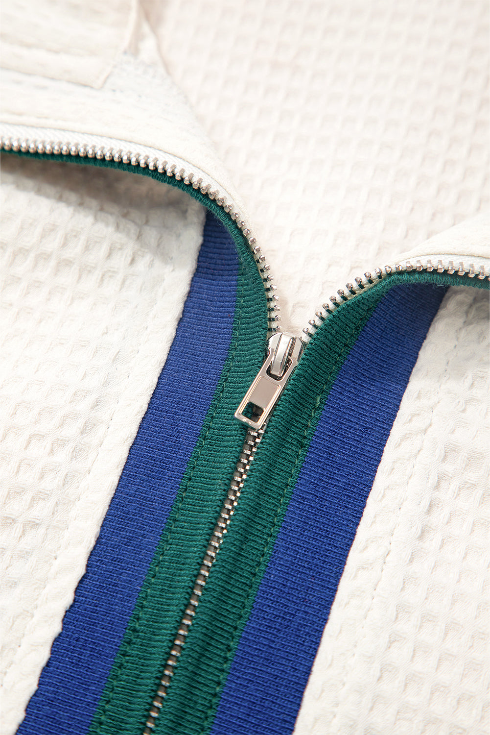 White Waffle Textured Contrast Polo Neck Zip up Jumper-Tops/Long Sleeve Tops-[Adult]-[Female]-2022 Online Blue Zone Planet