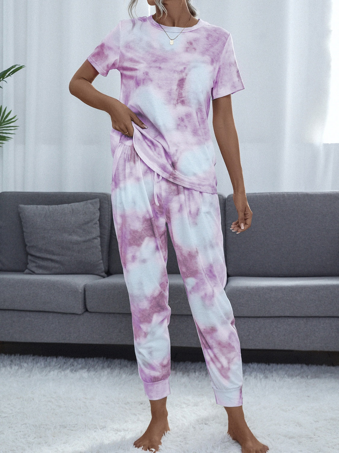 Shiny Tie-Dye Round Neck Top and Pants Lounge Set-TOPS / DRESSES-[Adult]-[Female]-Blush Pink-S-2022 Online Blue Zone Planet