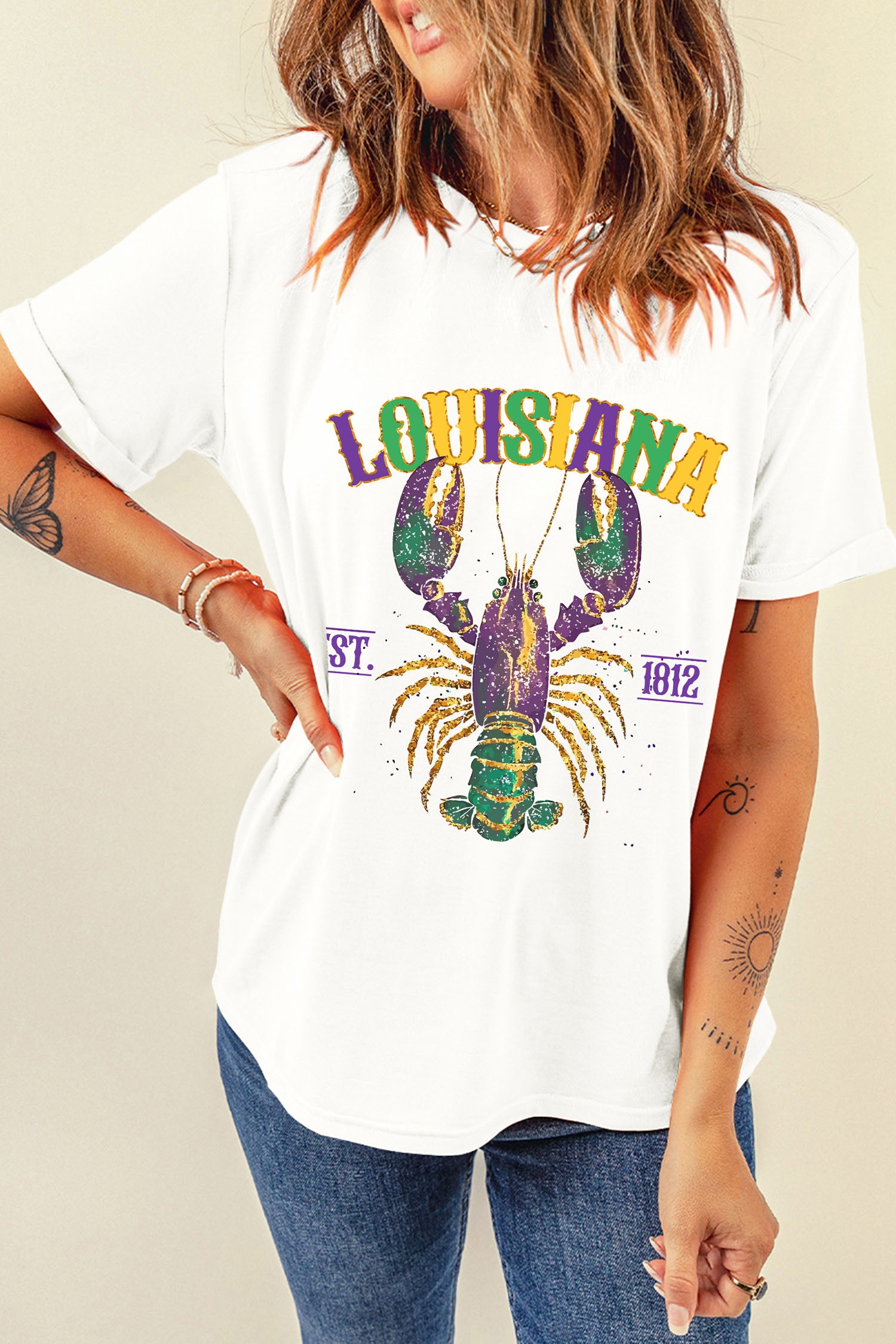 White LOUISIANA Mardi Gras Crayfish Printed Casual T Shirt-Graphic Tees-[Adult]-[Female]-2022 Online Blue Zone Planet