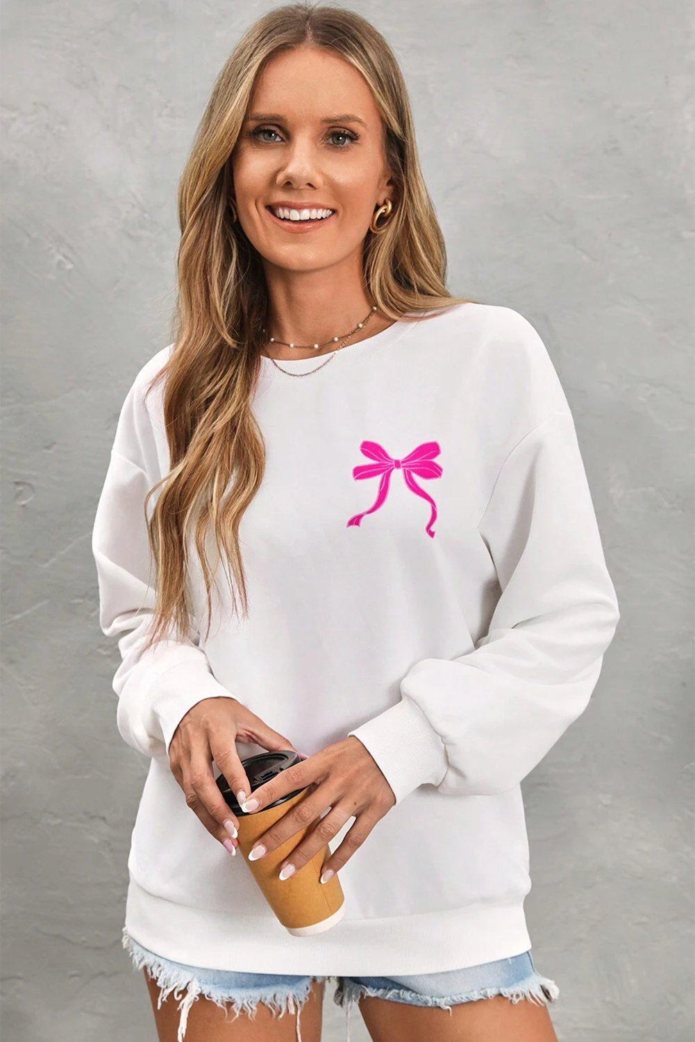 White Bow Graphic Casual Crewneck Sweatshirt-Graphic Sweatshirts-[Adult]-[Female]-2022 Online Blue Zone Planet