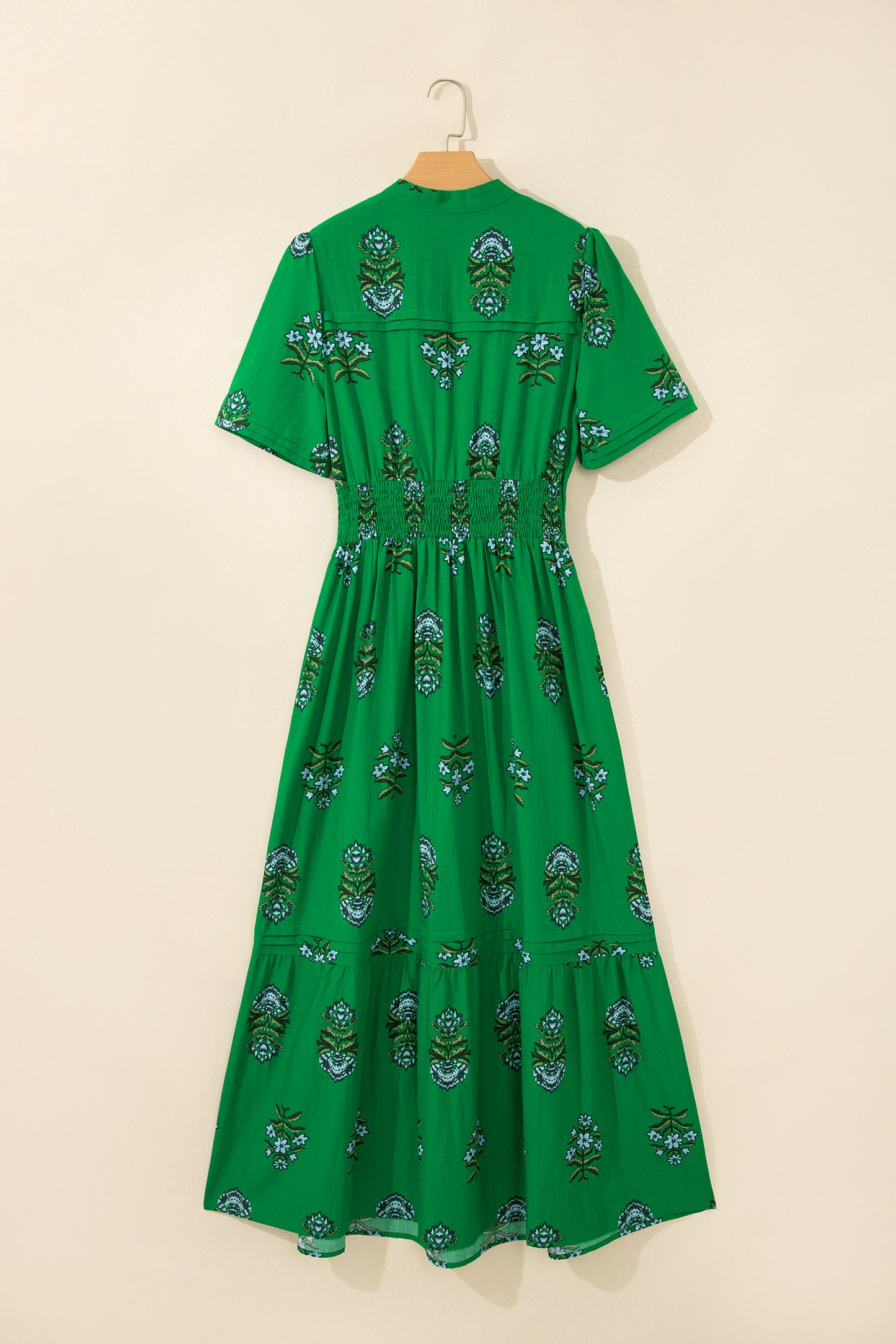 Green Floral Print Split Neck Shirred High Waist Ruffle Hem Maxi Dress-TOPS / DRESSES-[Adult]-[Female]-2022 Online Blue Zone Planet
