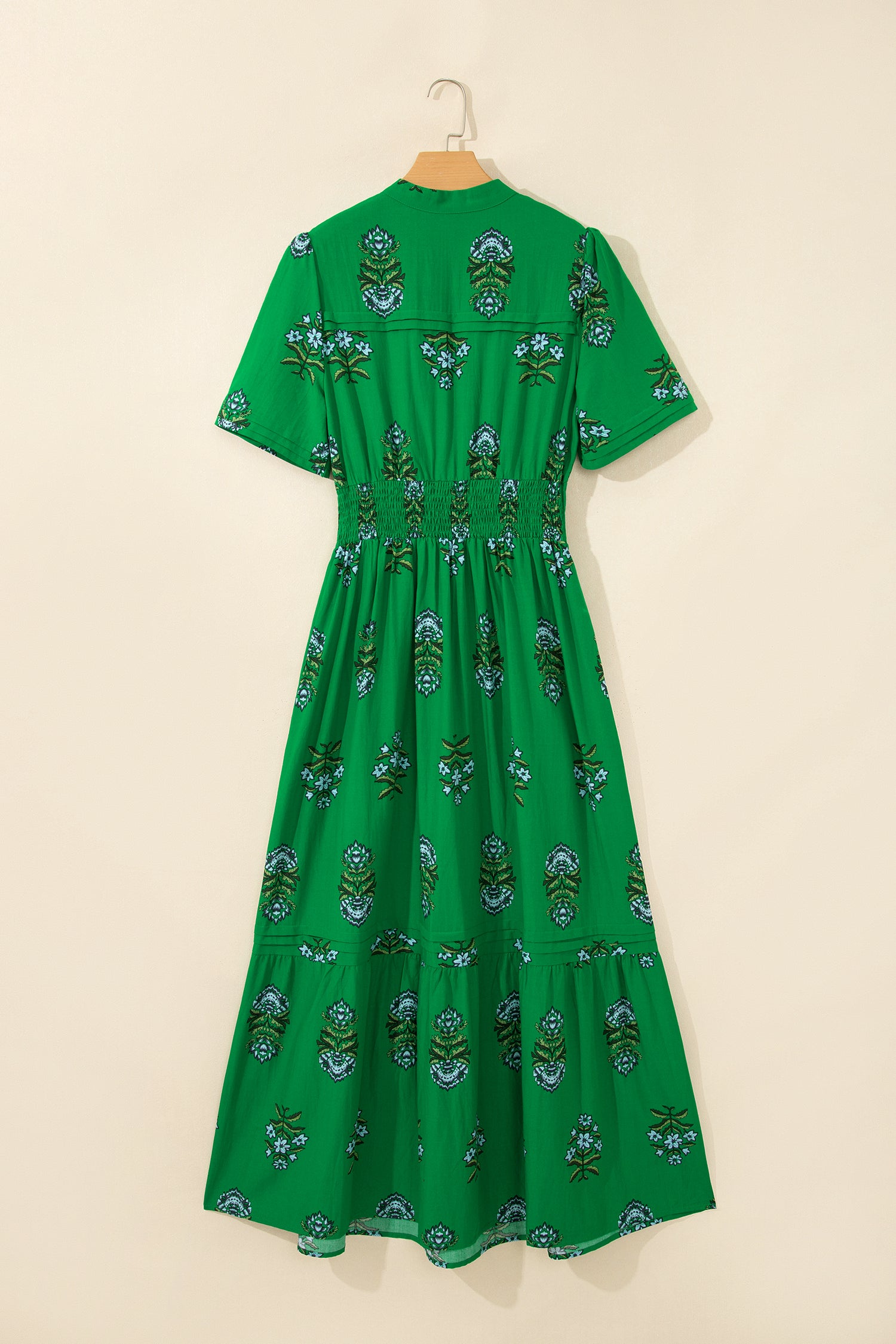 Green Floral Print Split Neck Shirred High Waist Ruffle Hem Maxi Dress-TOPS / DRESSES-[Adult]-[Female]-2022 Online Blue Zone Planet