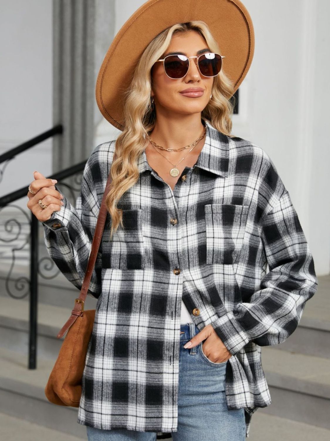 Plaid Collared Neck Long Sleeve Shirt-TOPS / DRESSES-[Adult]-[Female]-2022 Online Blue Zone Planet