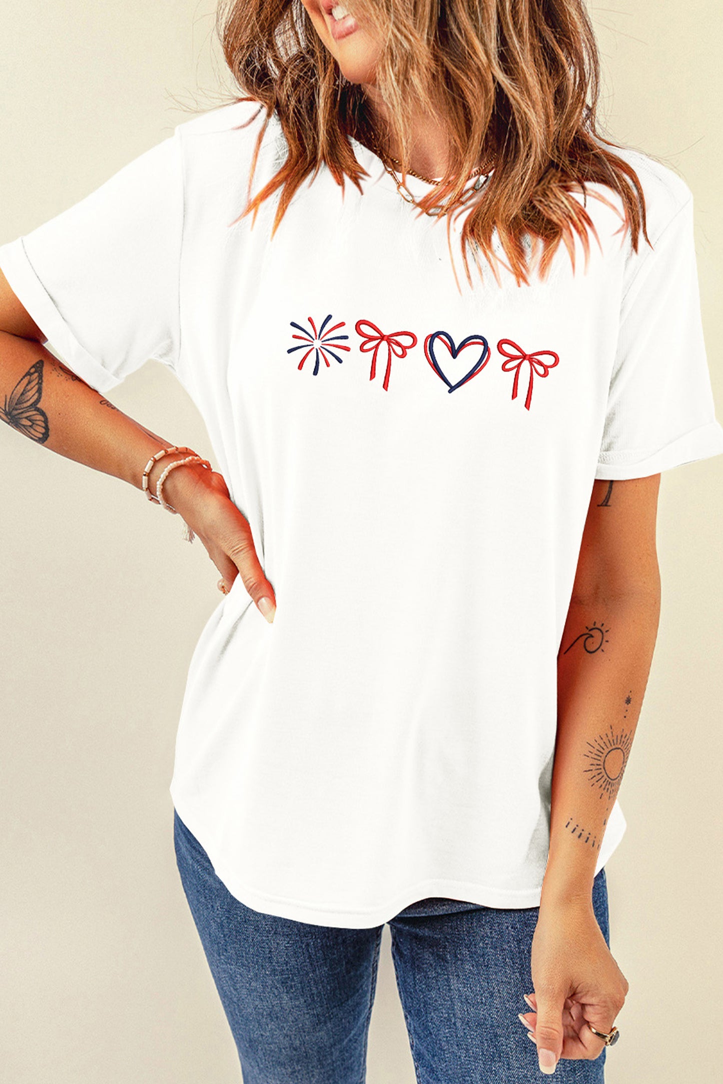 White Love July 4th Firework Bow Embroidered T Shirt-Graphic/Graphic Tees-[Adult]-[Female]-2022 Online Blue Zone Planet