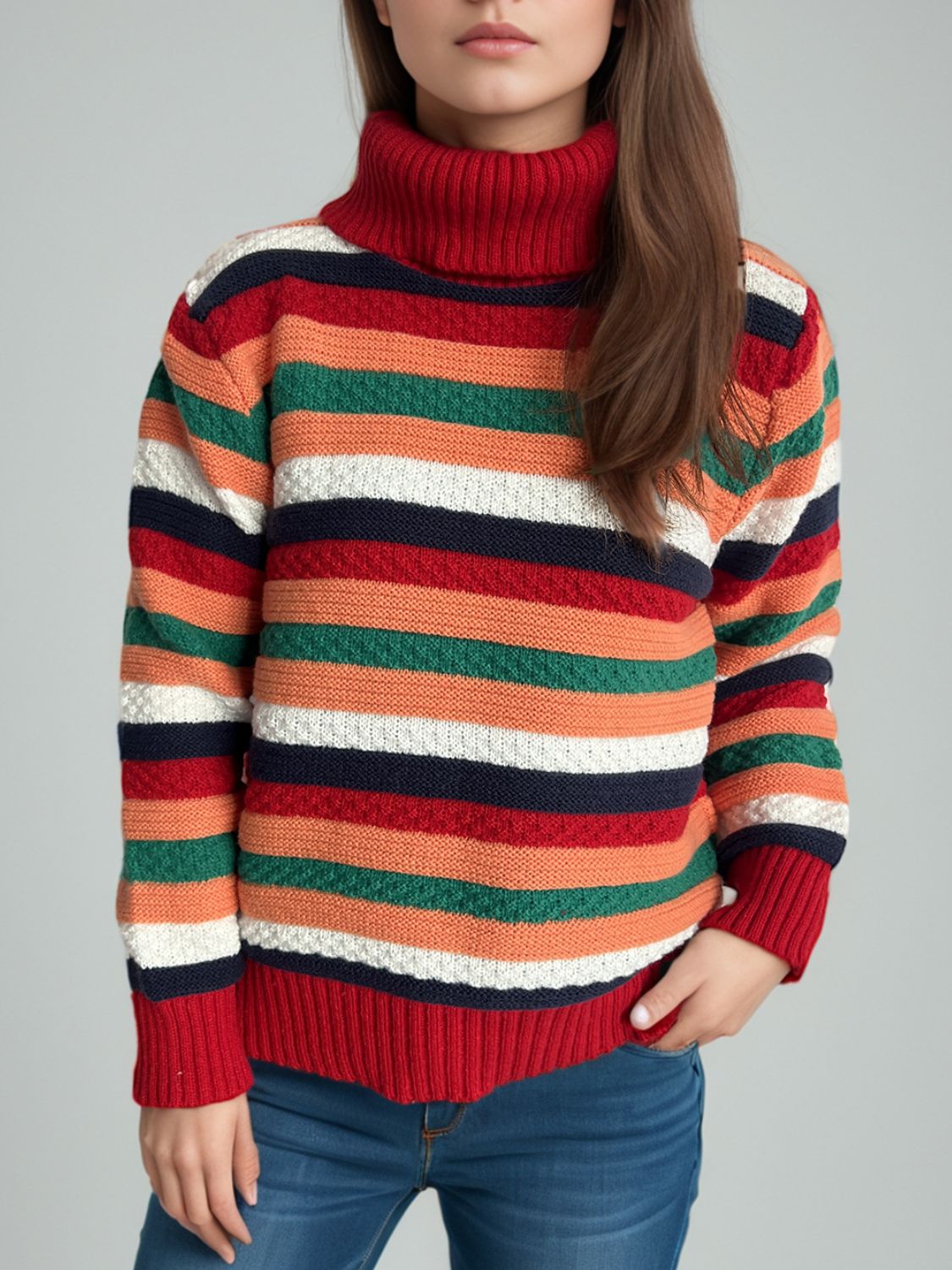 Blue Zone Planet | Contrast Stripes Turtleneck Long Sleeve Sweater-TOPS / DRESSES-[Adult]-[Female]-2022 Online Blue Zone Planet