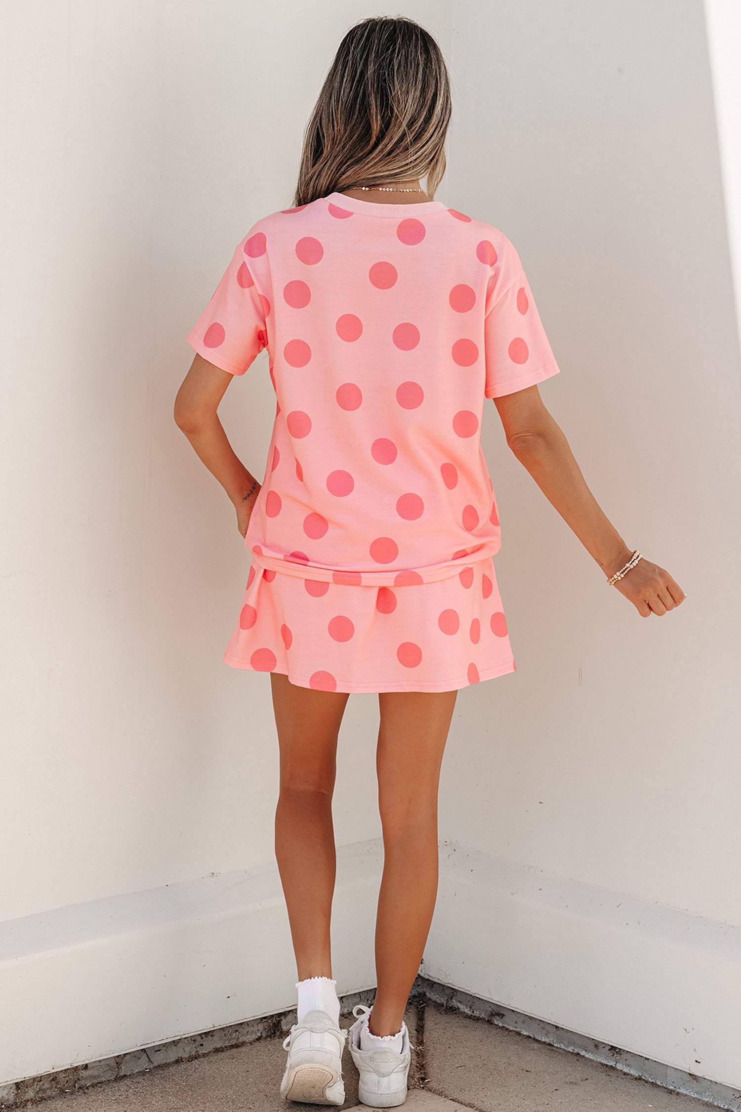 White Polka Dot Short Sleeve Top Casual Skort 2pcs Outfit-Two Piece Sets/Two Piece Dresses-[Adult]-[Female]-2022 Online Blue Zone Planet