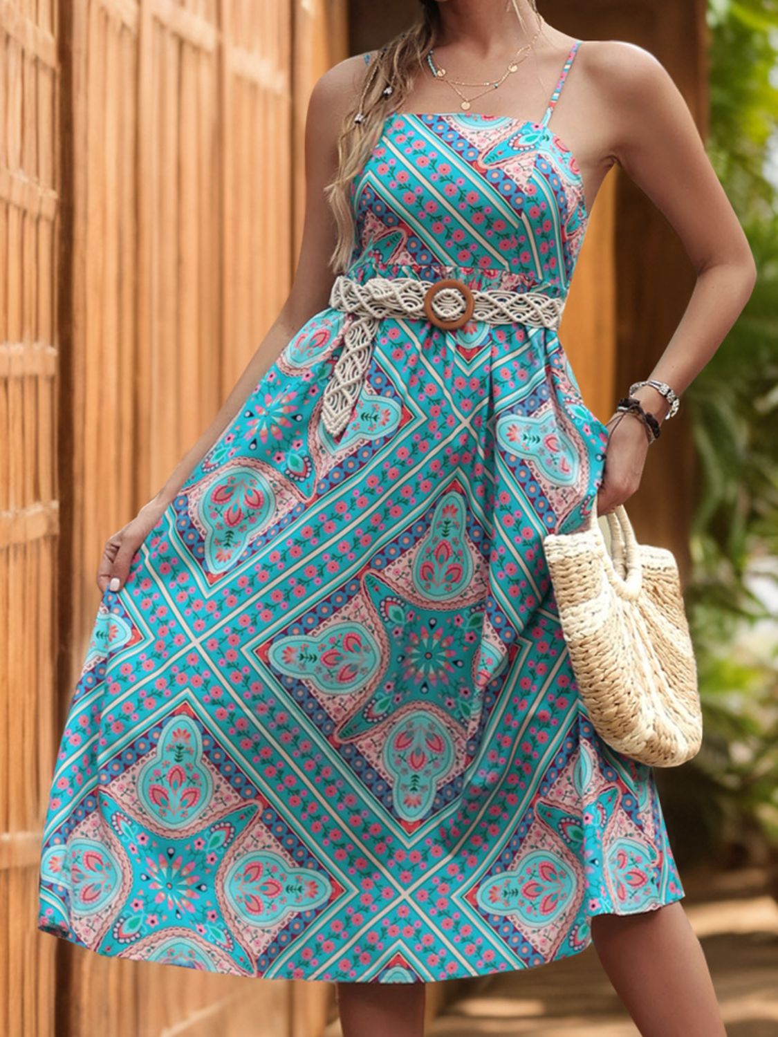 Printed Spaghetti Strap Midi Dress-TOPS / DRESSES-[Adult]-[Female]-Teal-S-2022 Online Blue Zone Planet