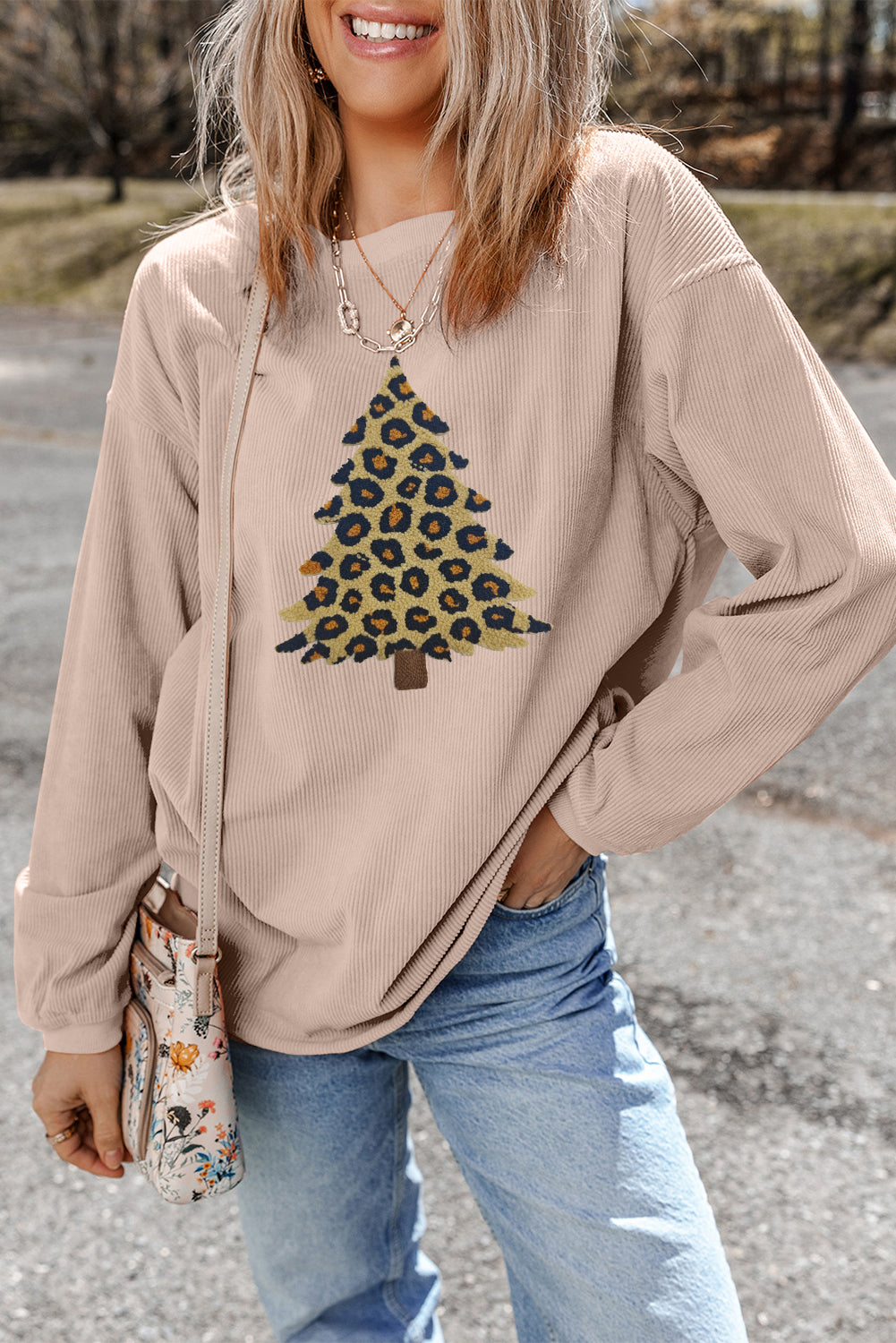 Apricot Leopard Christmas Tree Graphic Corded Sweatshirt-Graphic/Graphic Sweatshirts-[Adult]-[Female]-2022 Online Blue Zone Planet