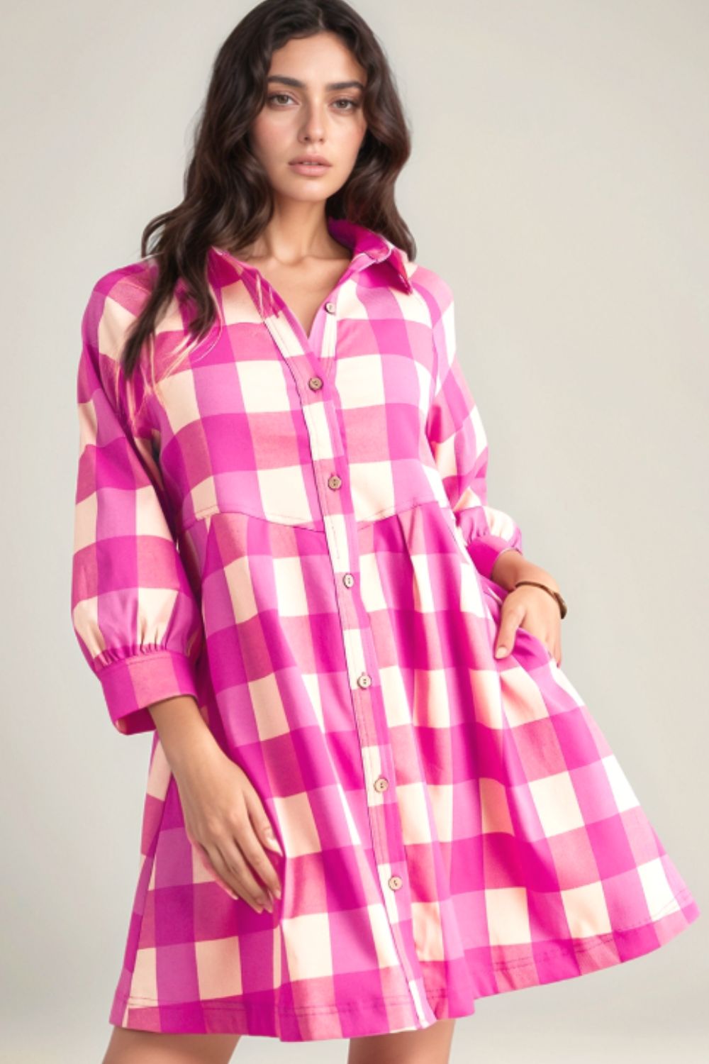 Blue Zone Planet | Ruched Plaid Three-Quarter Sleeve Shirt Dress-TOPS / DRESSES-[Adult]-[Female]-2022 Online Blue Zone Planet