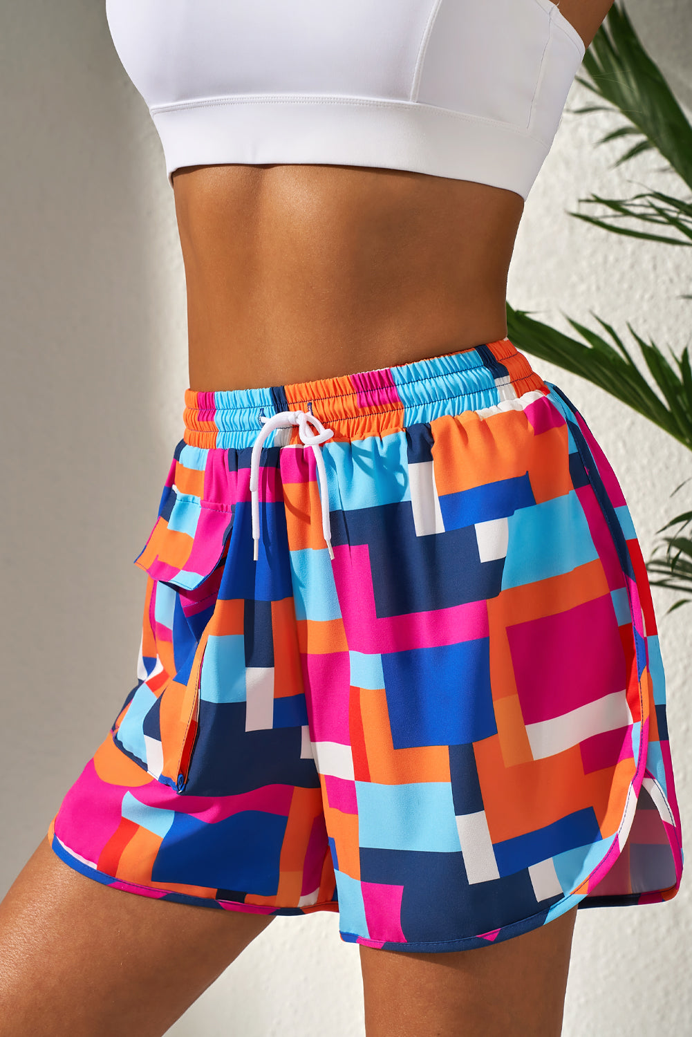 Rose Geometric Printed Drawstring Waist Beach Shorts with Pockets-Swimwear/Swim Bottoms-[Adult]-[Female]-2022 Online Blue Zone Planet