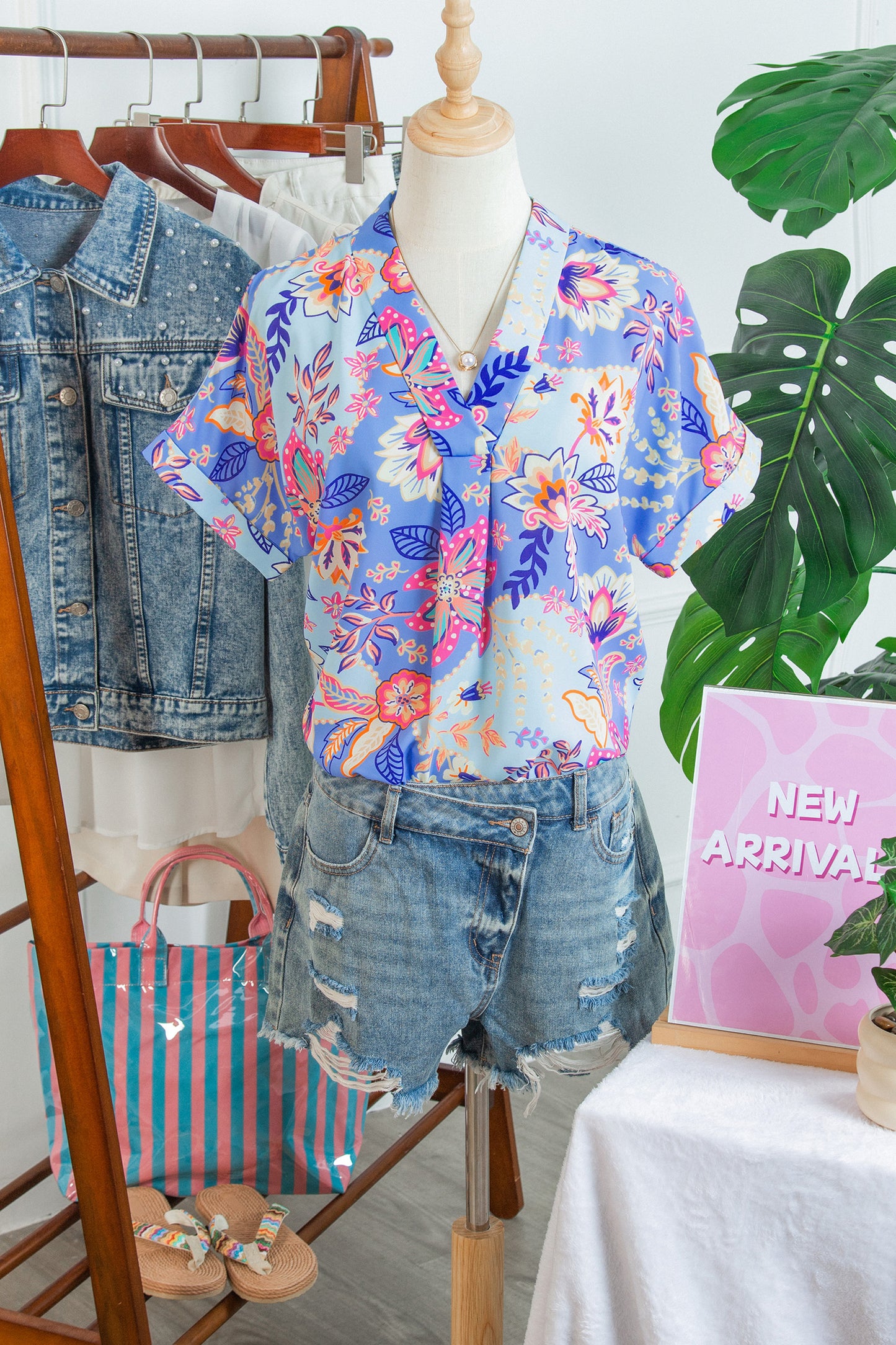 Purple Vacation Floral Print V Neck Short Sleeve Blouse-Tops/Blouses & Shirts-[Adult]-[Female]-2022 Online Blue Zone Planet