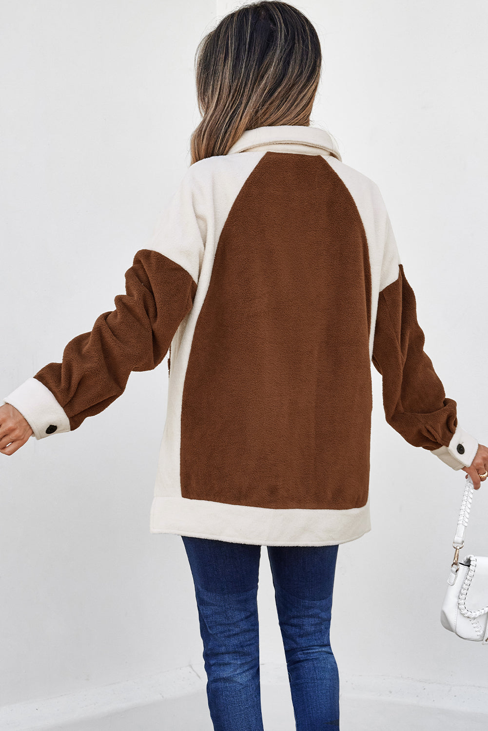 Brown Color Block Patchwork Button Down Fleece Shacket-Outerwear/Jackets-[Adult]-[Female]-2022 Online Blue Zone Planet
