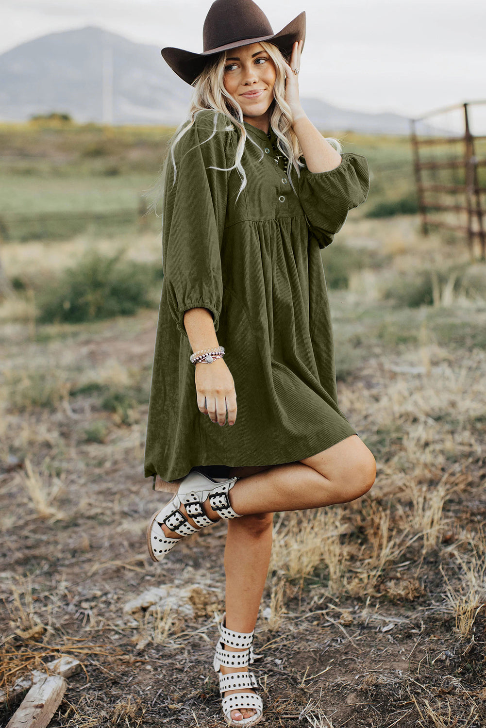 Vineyard Green Corduroy Snap Buttons Empire Waist Bracelet Sleeve Dress-Dresses/Mini Dresses-[Adult]-[Female]-2022 Online Blue Zone Planet