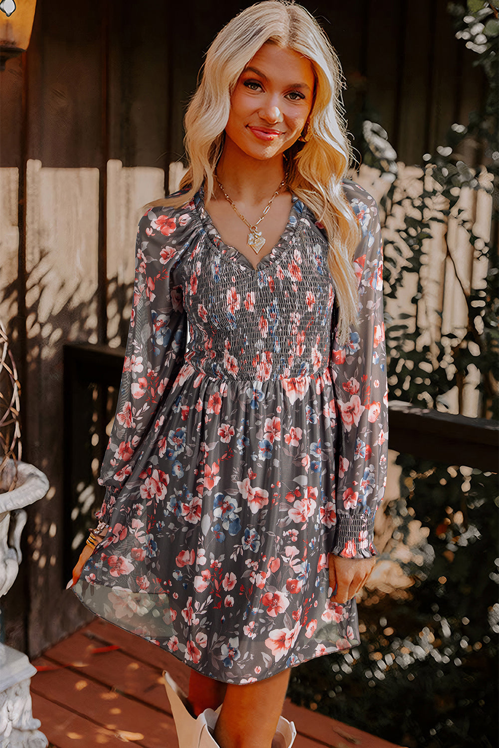Brown Frilly Smocked Bodice Floral Mesh Long Sleeve Mini Dress-TOPS / DRESSES-[Adult]-[Female]-2022 Online Blue Zone Planet