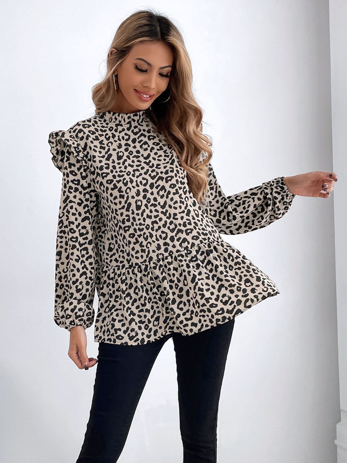 Ruffled Leopard Mock Neck Long Sleeve Blouse-TOPS / DRESSES-[Adult]-[Female]-2022 Online Blue Zone Planet