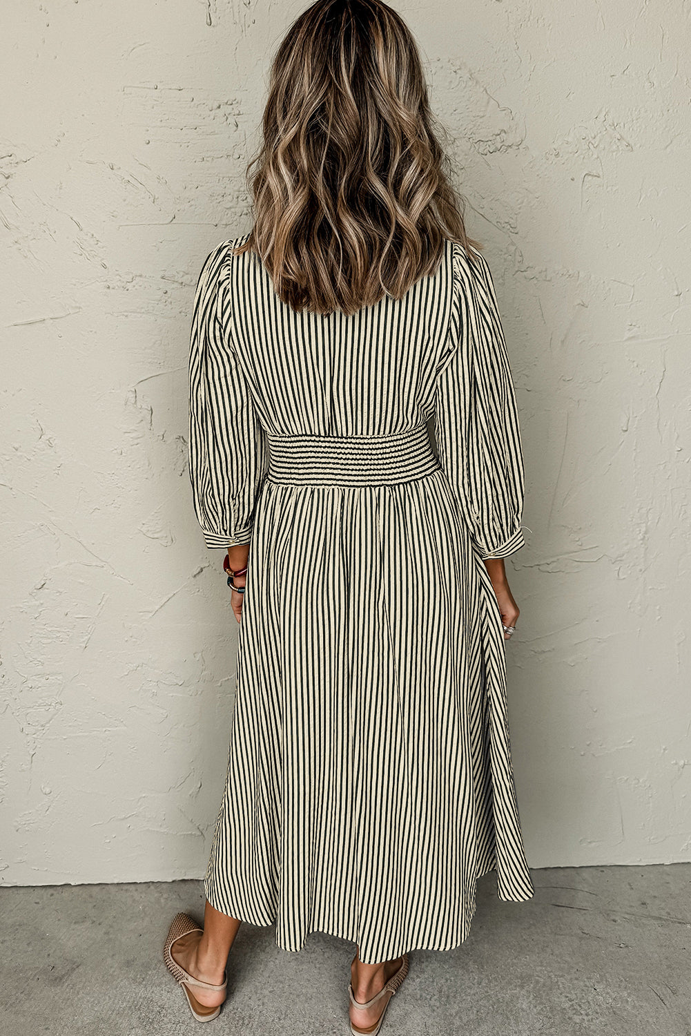 Black Stripe V Neck Zip Front Cinched High Waist Midi Dress-Dresses/Midi Dresses-[Adult]-[Female]-2022 Online Blue Zone Planet