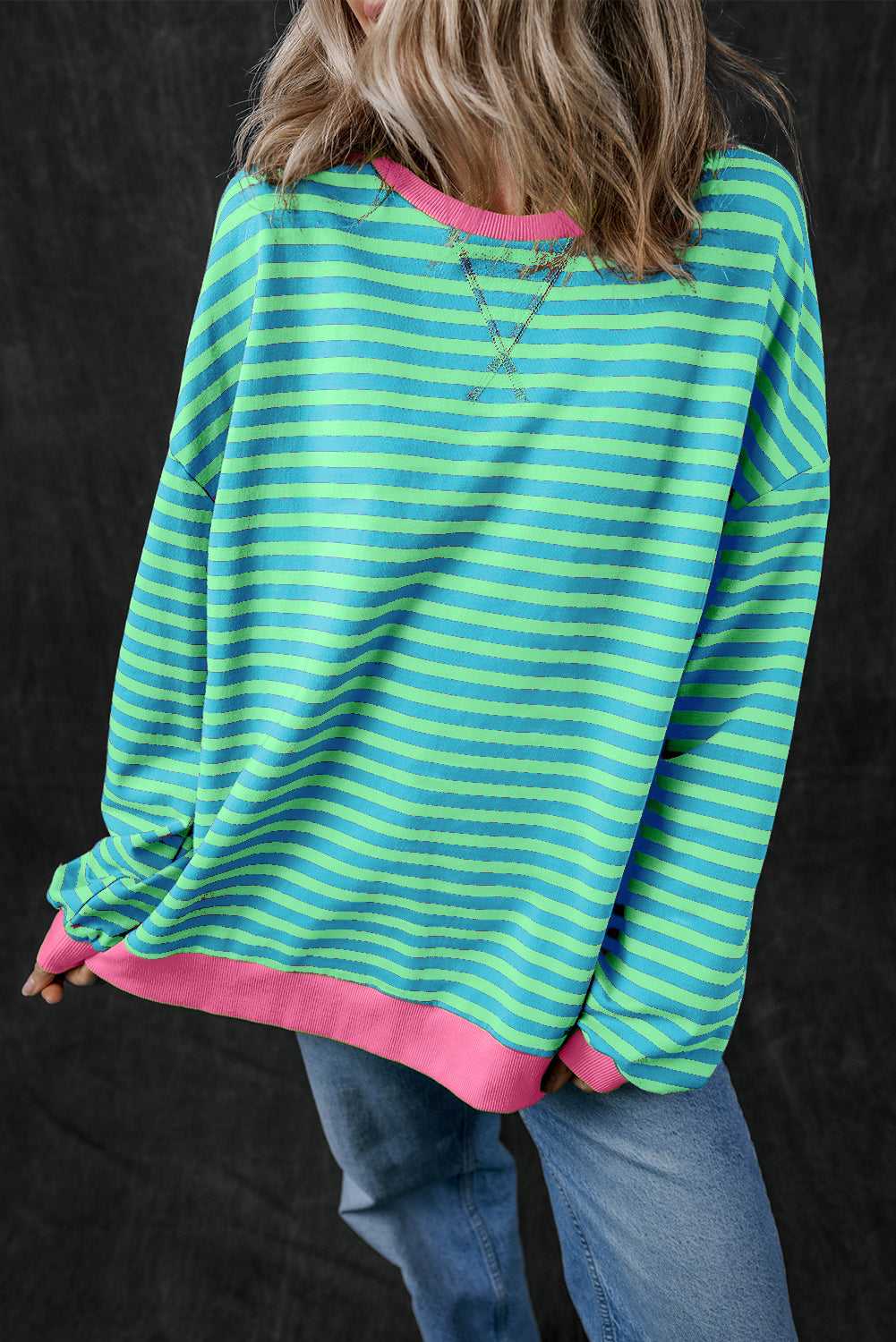 Sky Blue Stripe Oversized Contrast Trim Pullover Sweatshirt-Tops/Sweatshirts & Hoodies-[Adult]-[Female]-Sky Blue Stripe-S-2022 Online Blue Zone Planet