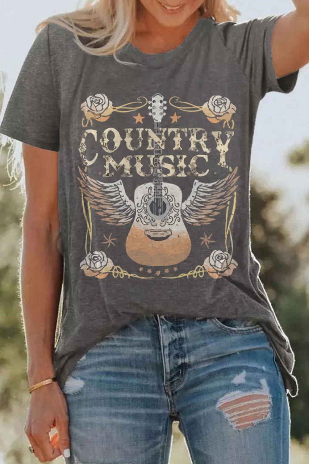 Gray Country Music Guitar Graphic Print Crew Neck T Shirt-Graphic/Graphic Tees-[Adult]-[Female]-2022 Online Blue Zone Planet