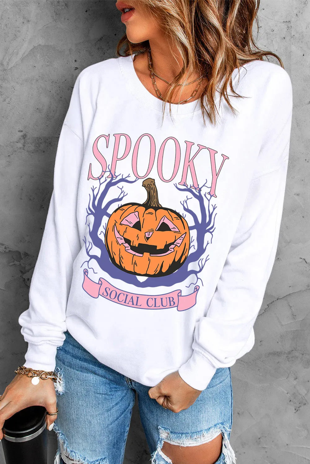 Blue Zone Planet | Jack-O'-Lantern Round Neck Long Sleeve Sweatshirt-TOPS / DRESSES-[Adult]-[Female]-2022 Online Blue Zone Planet