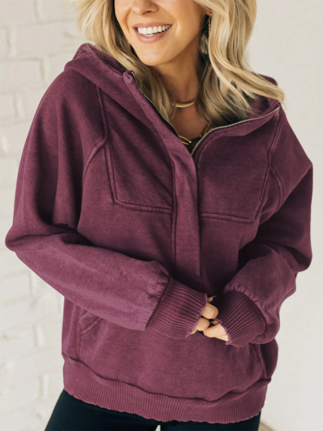 Blue Zone Planet | Half Zip Kangaroo Pocket Long Sleeve Hoodie-TOPS / DRESSES-[Adult]-[Female]-Deep Purple-S-2022 Online Blue Zone Planet