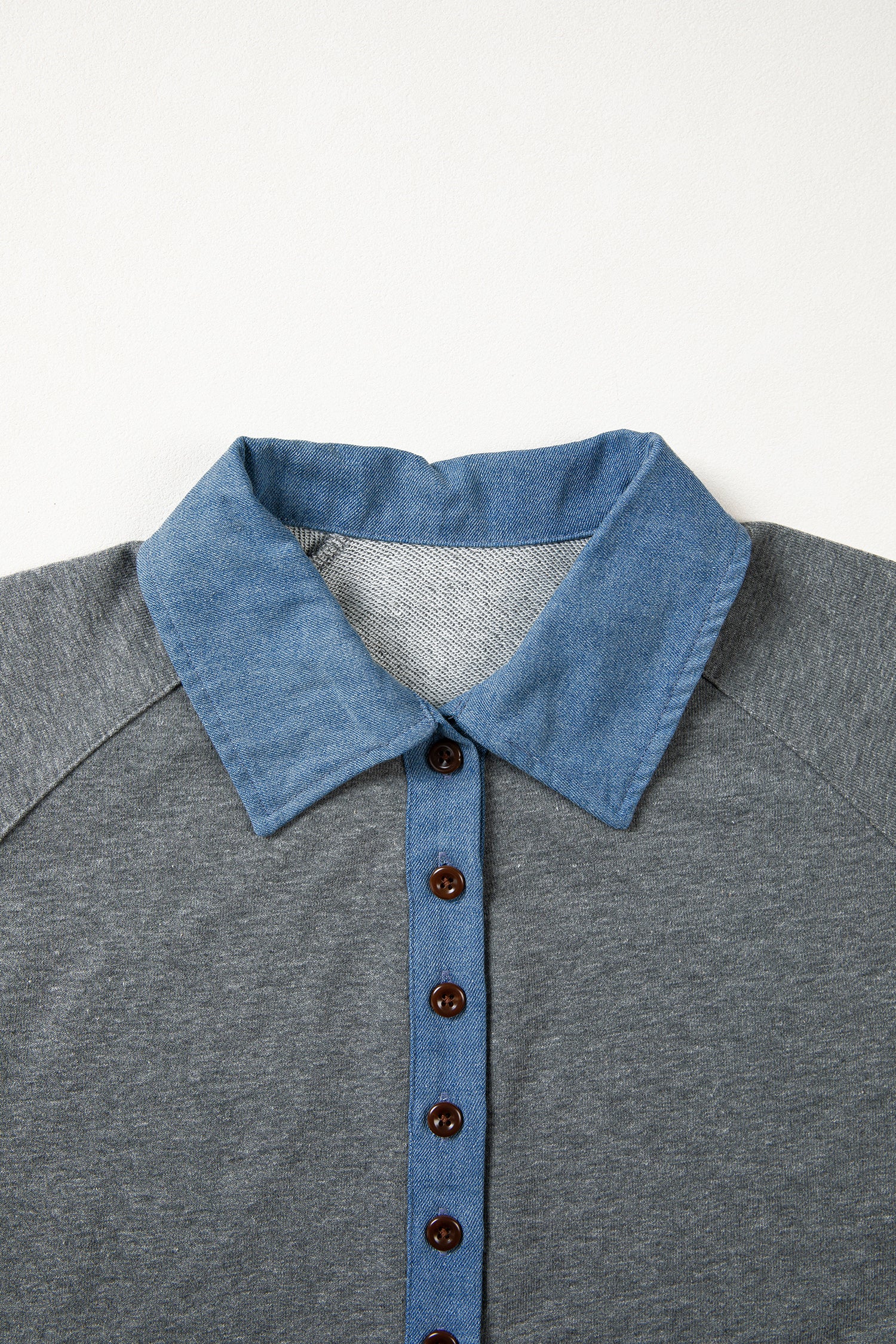 Carbon Grey Denim Color Block Patchwork Shirt Collar Short Sleeve Blouse-Tops/Blouses & Shirts-[Adult]-[Female]-2022 Online Blue Zone Planet