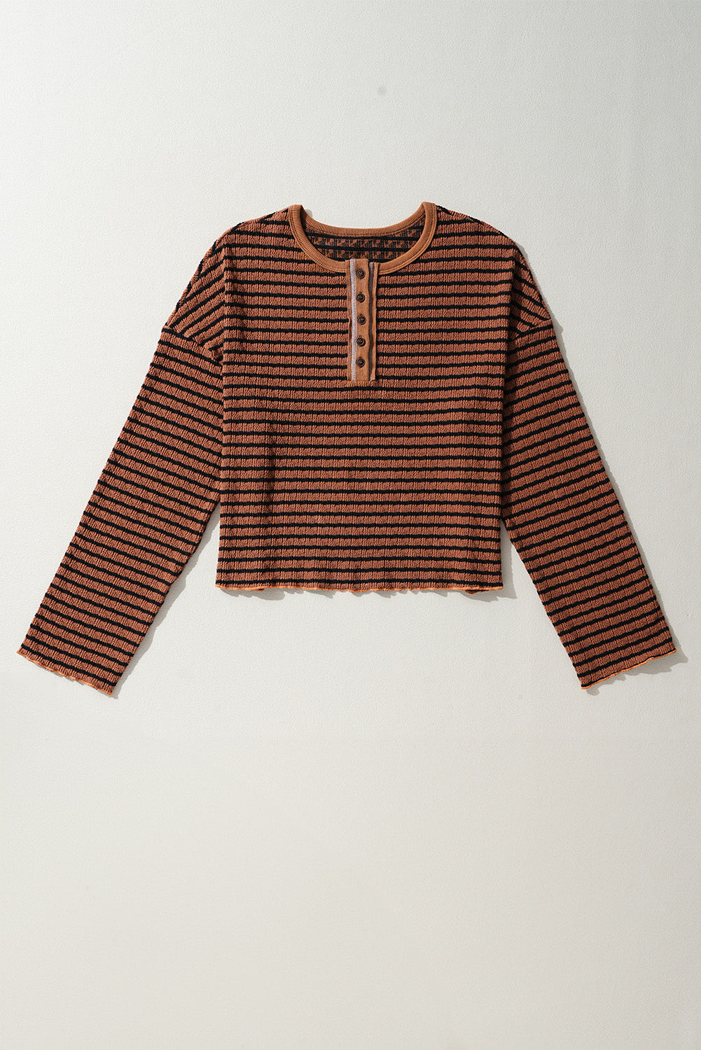 Blue Zone Planet | Brown Stripe Textured Frilly Trim Buttons Henley Long Sleeve Top-Tops/Long Sleeve Tops-[Adult]-[Female]-2022 Online Blue Zone Planet