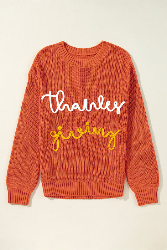 Blue Zone Planet | Gold Flame Thanks Giving Letter Graphic Crew Neck Sweater-TOPS / DRESSES-[Adult]-[Female]-2022 Online Blue Zone Planet