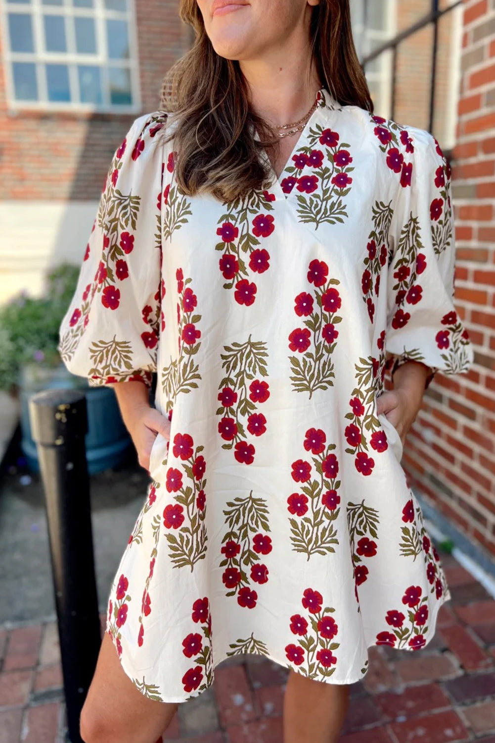 White Floral Print V Neck 3/4 Sleeve Loose Mini Dress White / S / 100%Cotton by Blue Zone Planet