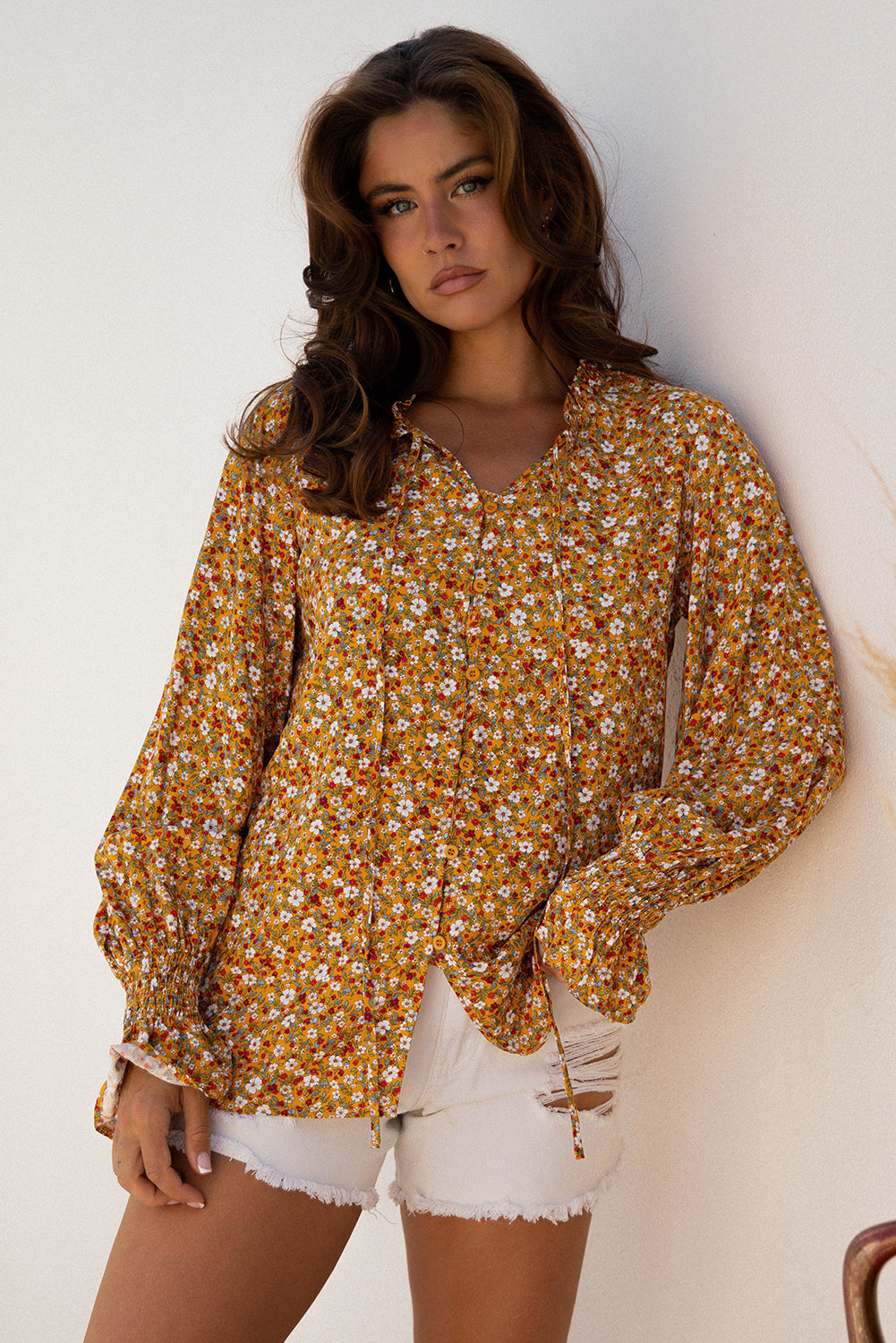 Orange Boho Floral Ruffled Bubble Sleeve V Neck Fall Blouse-Tops/Blouses & Shirts-[Adult]-[Female]-2022 Online Blue Zone Planet