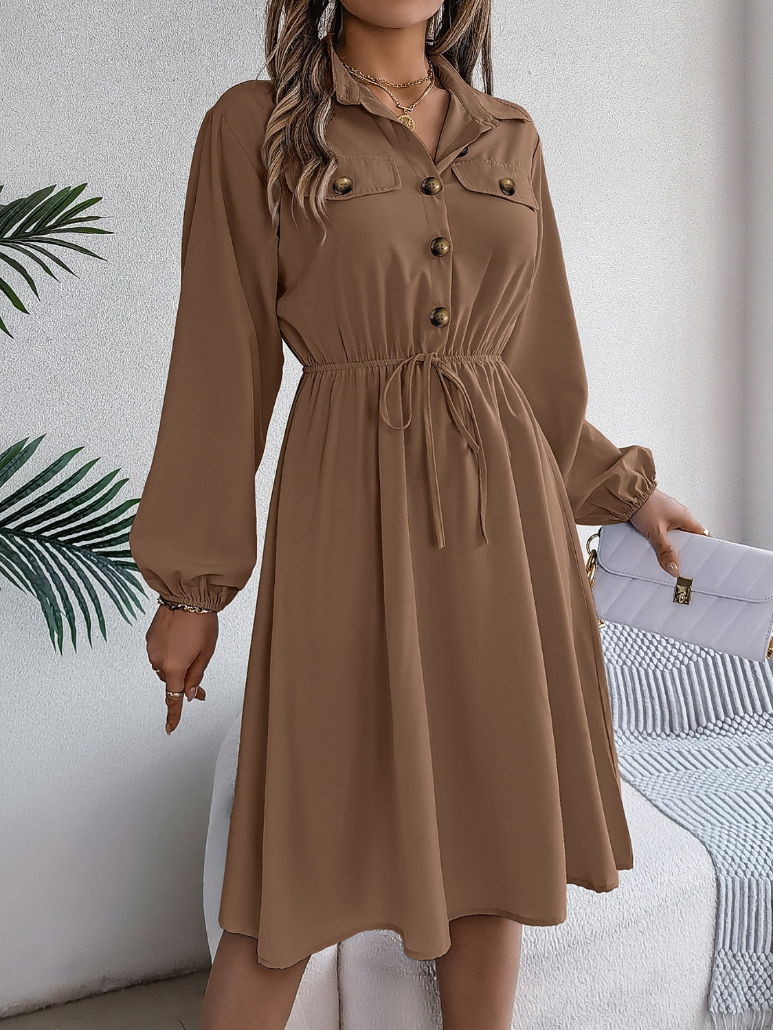 Blue Zone Planet | Collared Neck Long Sleeve Dress with Pockets-TOPS / DRESSES-[Adult]-[Female]-2022 Online Blue Zone Planet