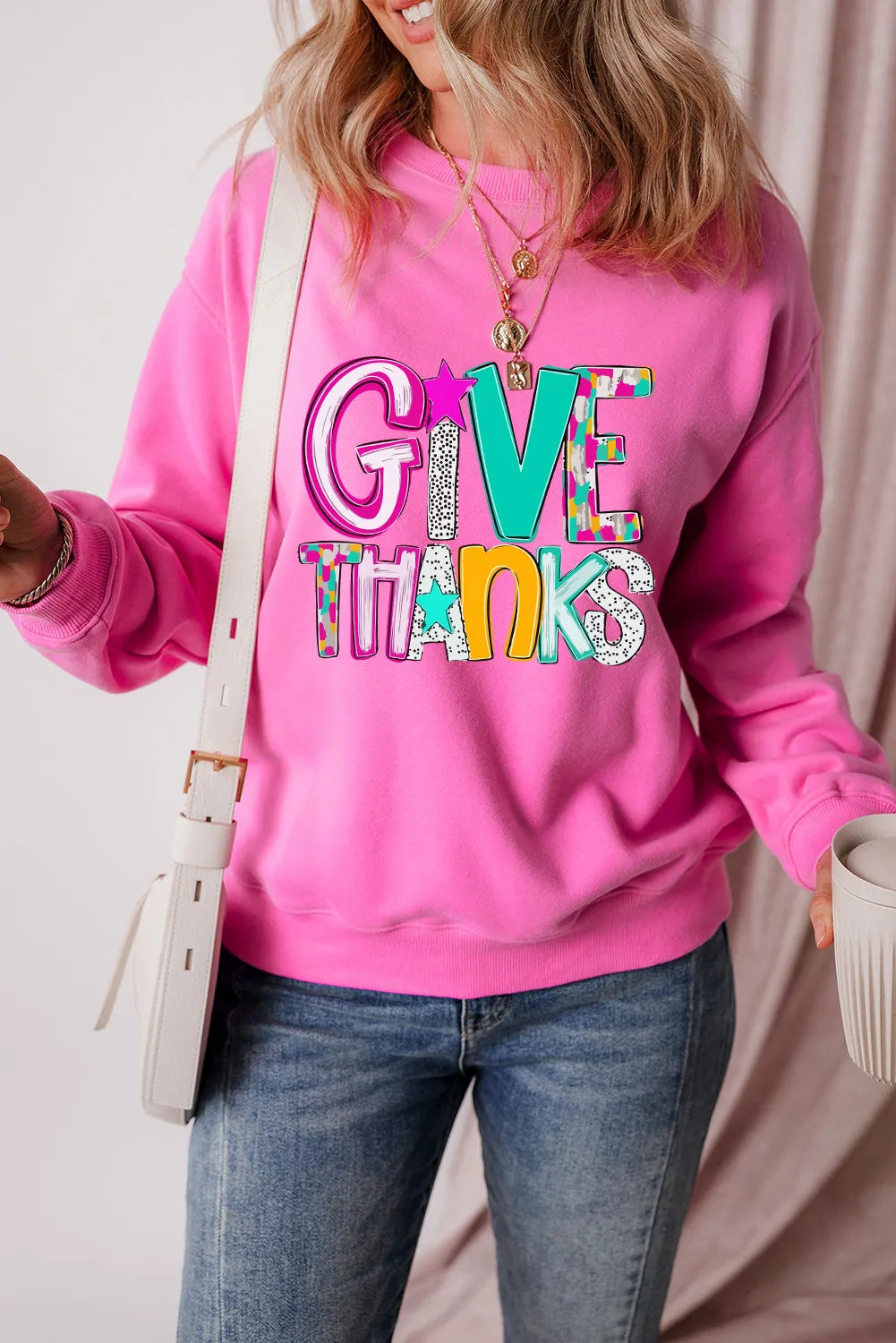 GIVE THANKS Round Neck Long Sleeve Sweatshirt-TOPS / DRESSES-[Adult]-[Female]-Fuchsia Pink-S-2022 Online Blue Zone Planet