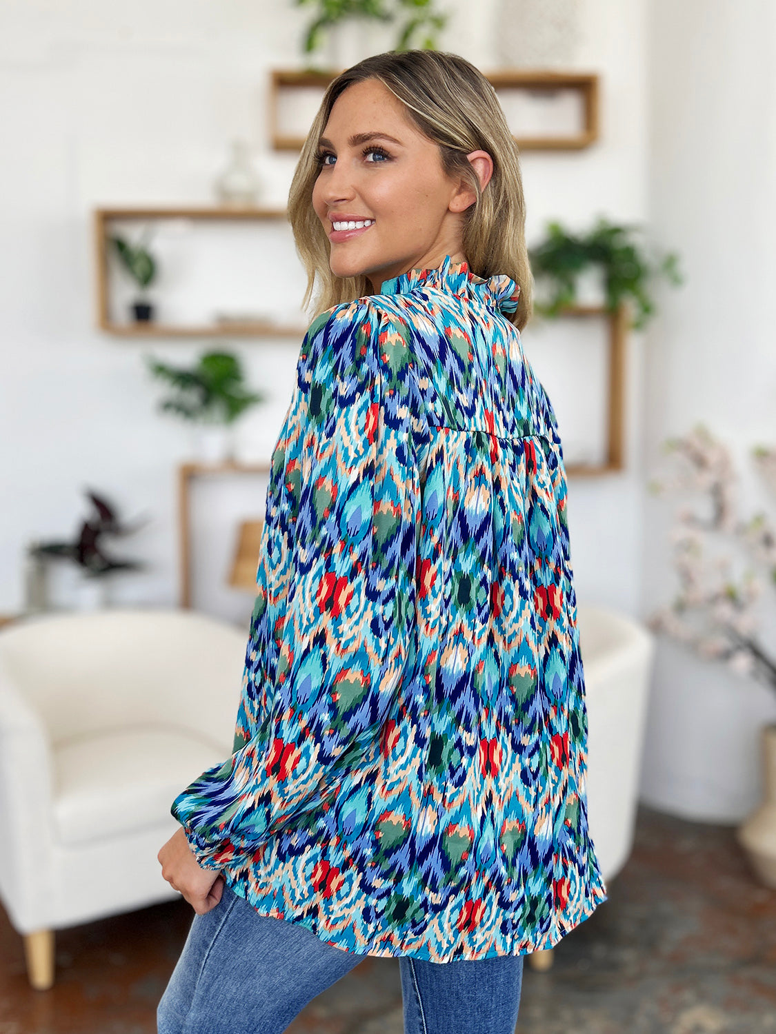 Blue Zone Planet | Double Take Full Size Printed Balloon Sleeve Blouse-TOPS / DRESSES-[Adult]-[Female]-2022 Online Blue Zone Planet