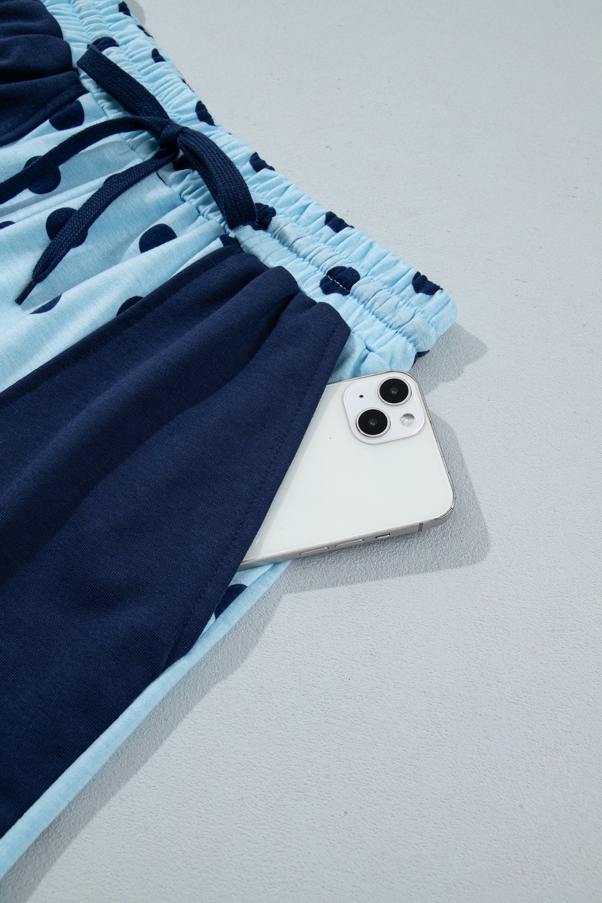 Sky Blue Polka Dot Drop Shoulder Polo Loose Pullover Patch Pocket Casual Shorts Set-Two Piece Sets/Short Sets-[Adult]-[Female]-2022 Online Blue Zone Planet