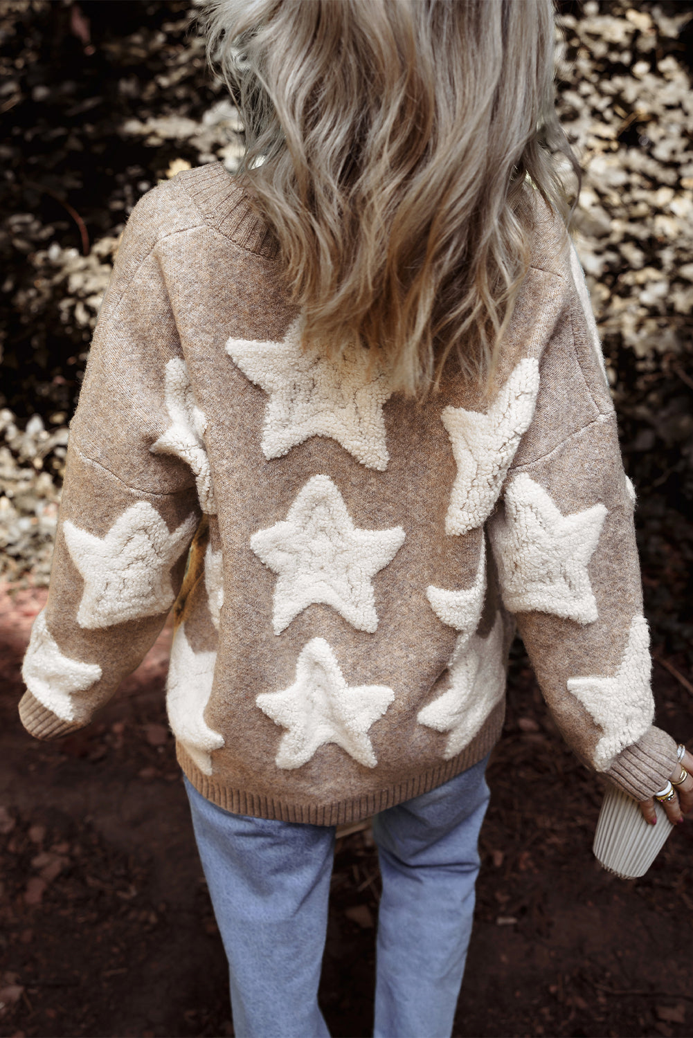 Pink Sherpa Star Pattern Textured Sweater Cardigan with Pockets-Sweaters & Cardigans/Cardigans-[Adult]-[Female]-2022 Online Blue Zone Planet