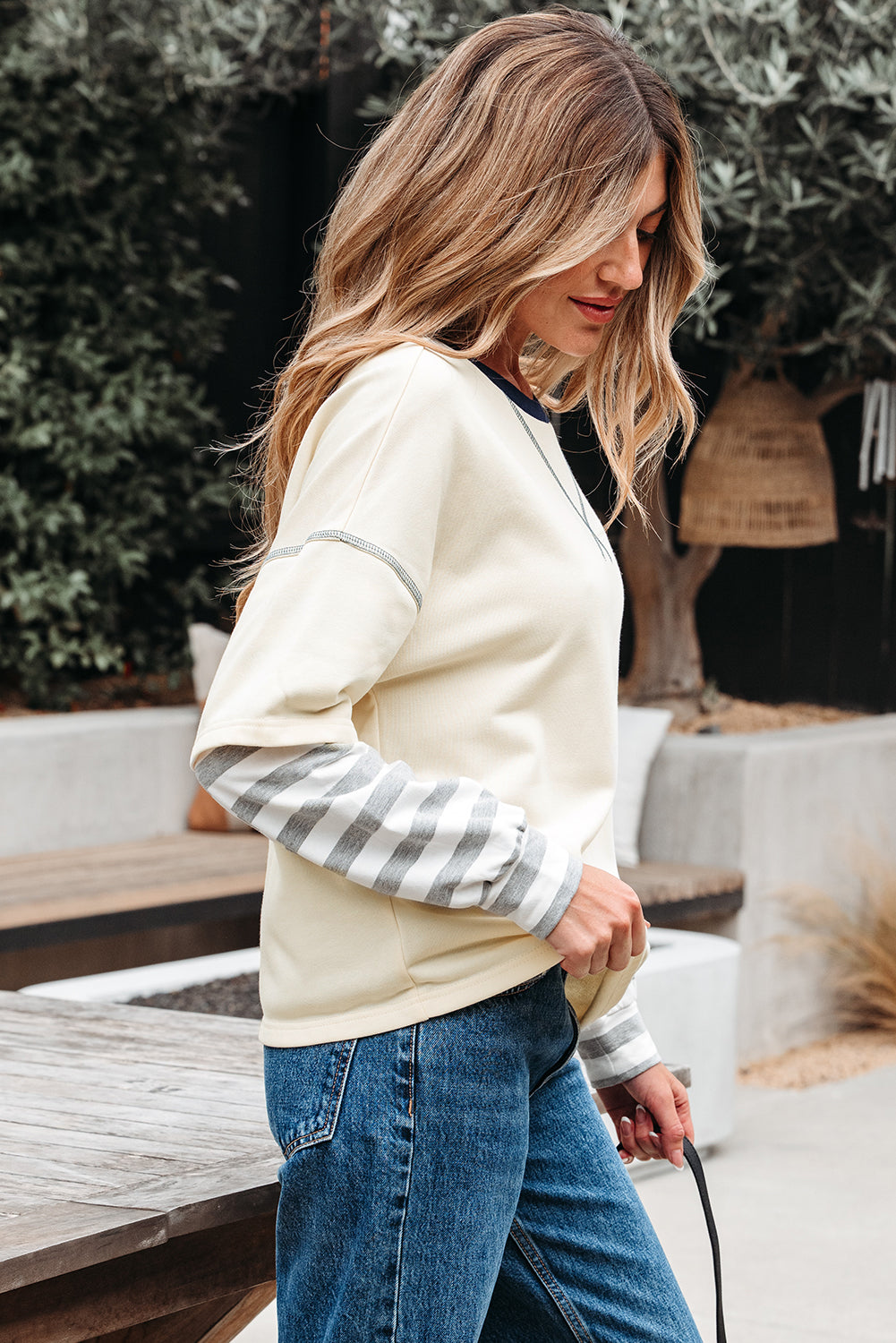 Beige Striped Patchwork Long Sleeve Round Neck Two-In-One Top-Tops/Long Sleeve Tops-[Adult]-[Female]-2022 Online Blue Zone Planet