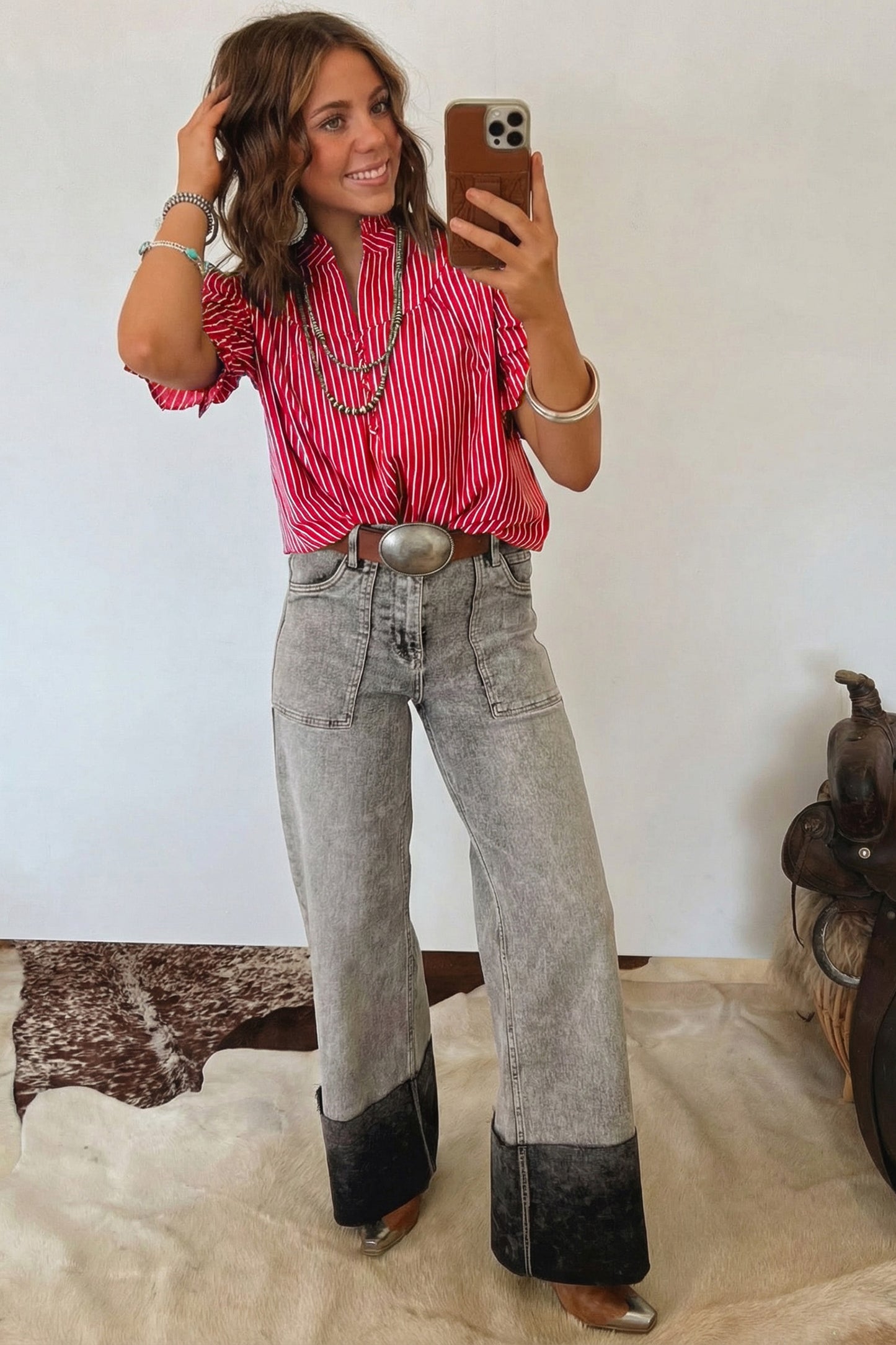 Red Stripe Ruffled Short Puff Sleeve Button Front Blouse-Tops/Blouses & Shirts-[Adult]-[Female]-2022 Online Blue Zone Planet