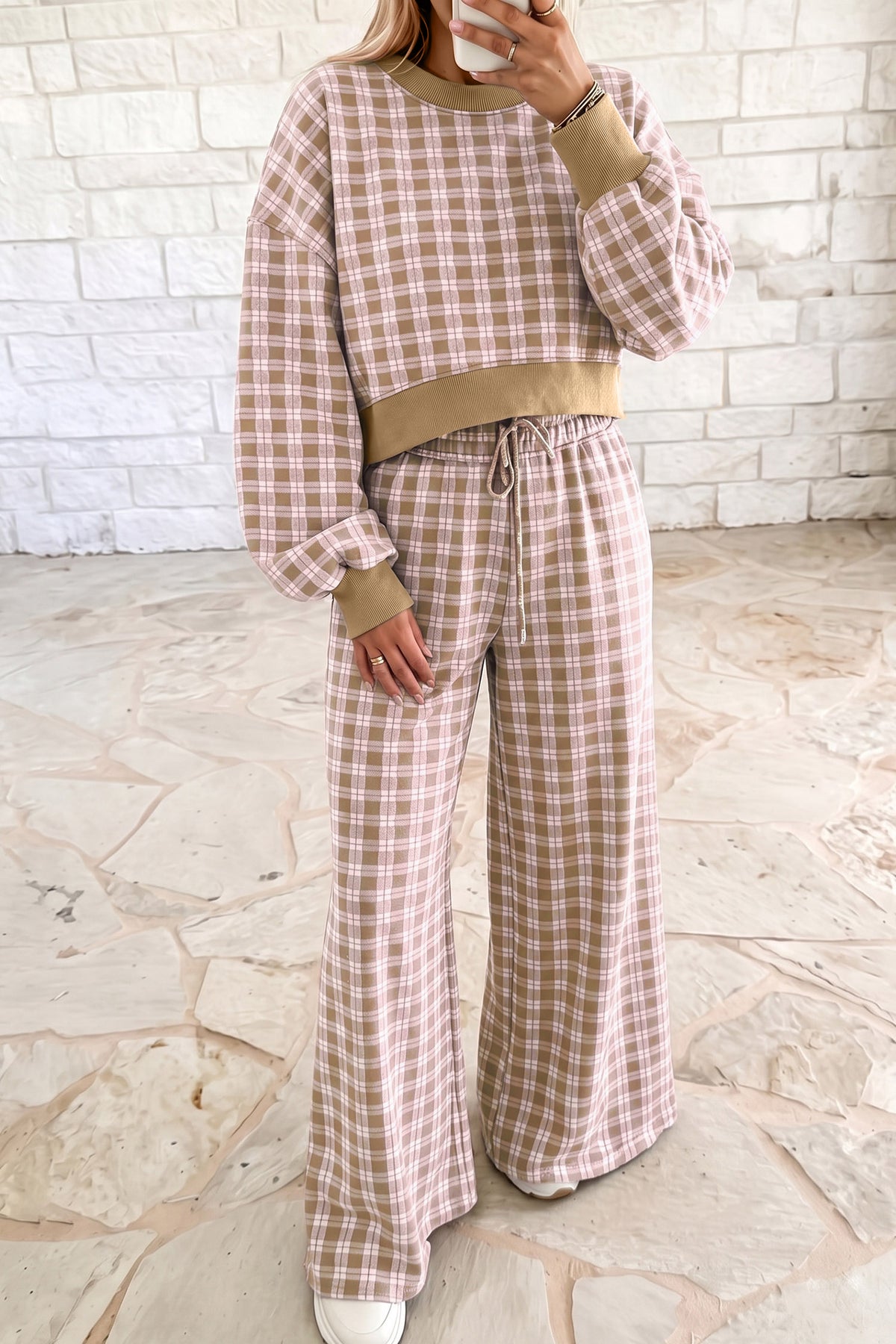 Pink Plaid Long Sleeve Drop Shoulder Top Ribbed Color Block Trim Two Piece Pant Set-Two Piece Sets/Pant Sets-[Adult]-[Female]-Pink-S-2022 Online Blue Zone Planet