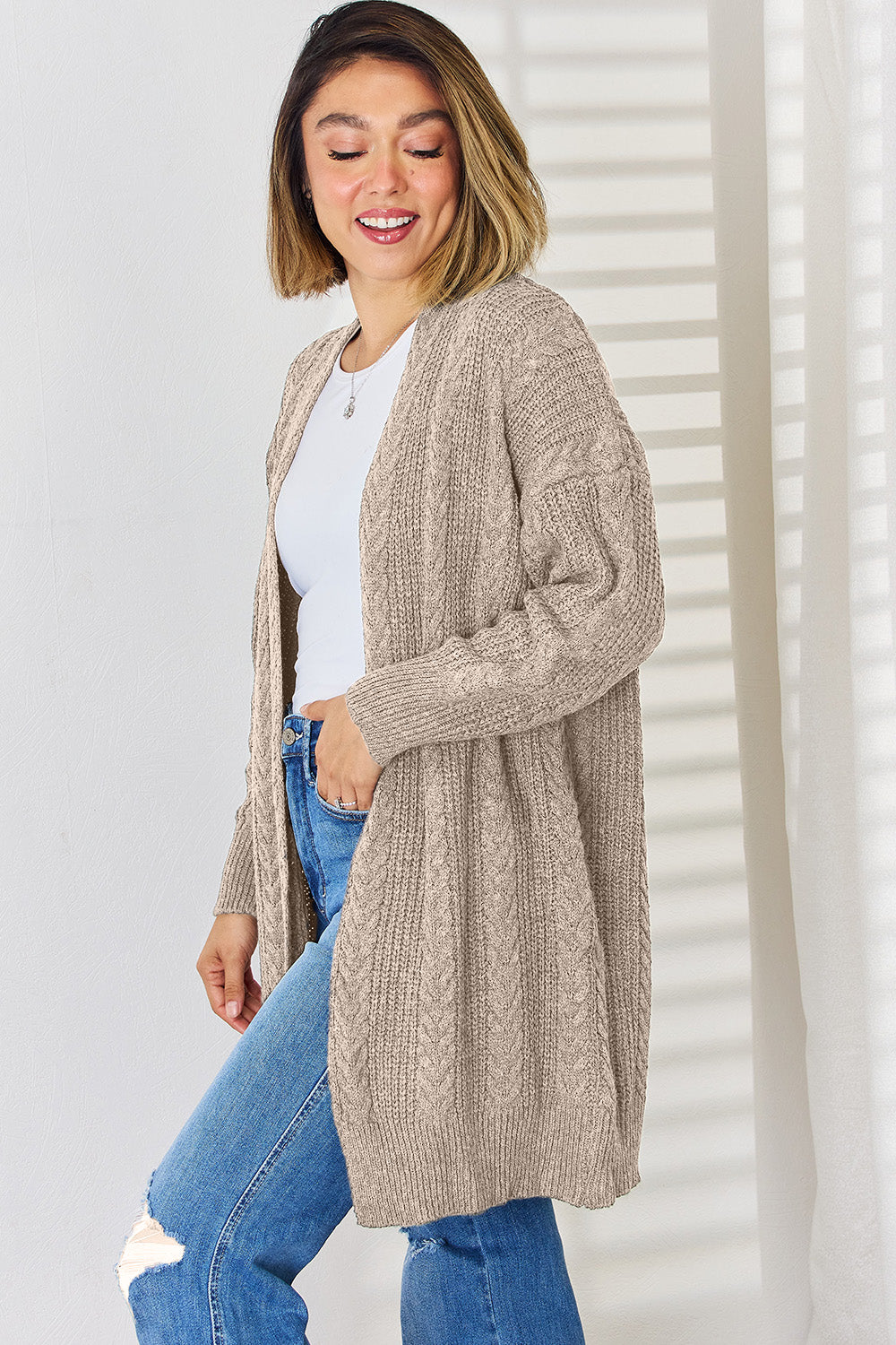 Cable-Knit Open Front Dropped Shoulder Cardigan-TOPS / DRESSES-[Adult]-[Female]-2022 Online Blue Zone Planet