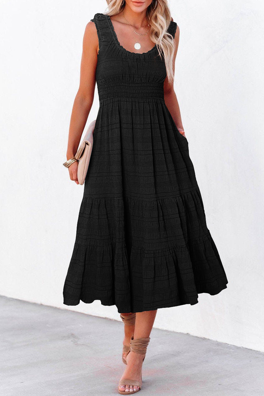 Rose Shirred Pleated Square Neck Sleeveless Midi Dress-TOPS / DRESSES-[Adult]-[Female]-2022 Online Blue Zone Planet