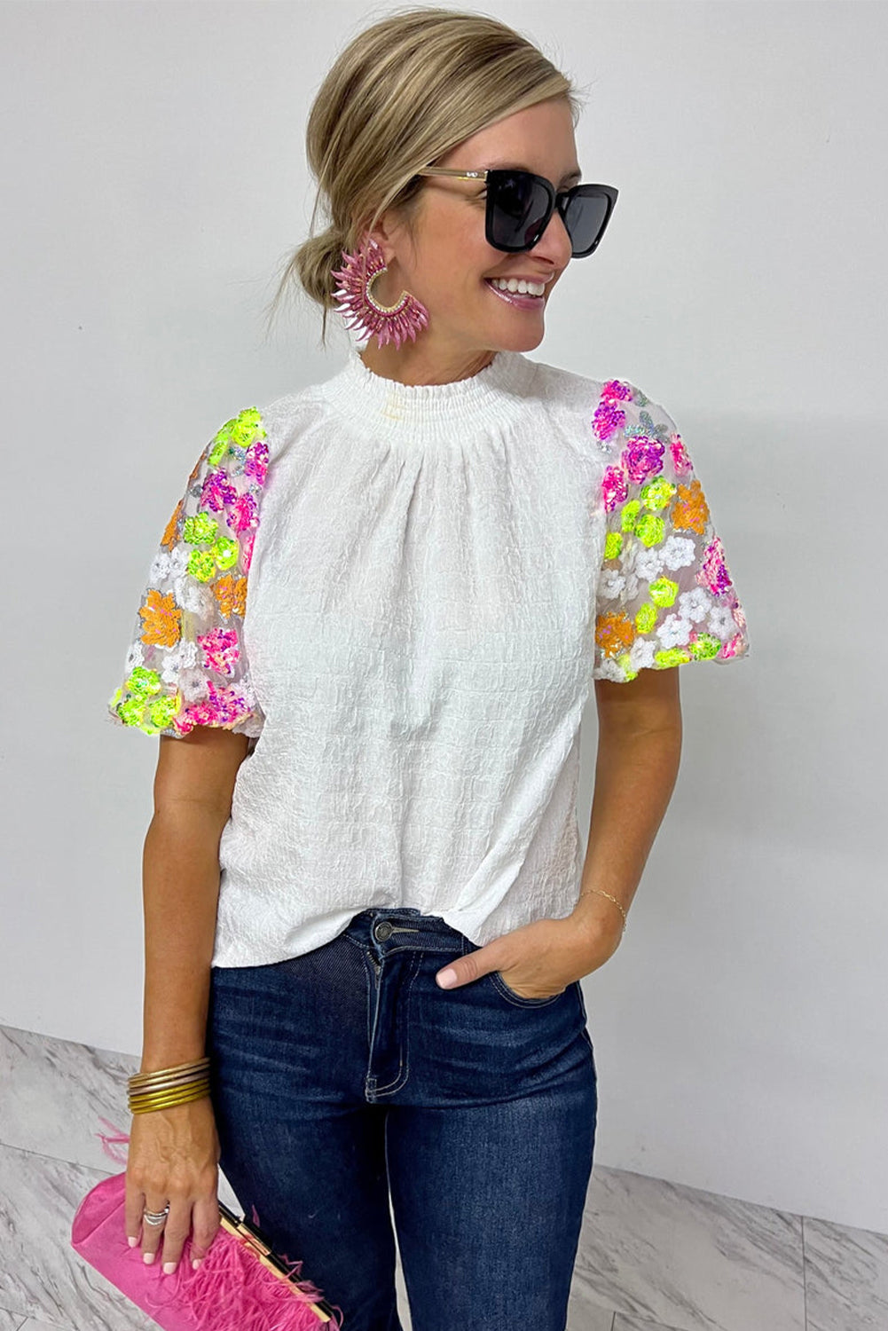 White Smocked Collar Sequin Flower Puff Sleeve Textured Top-Tops/Tops & Tees-[Adult]-[Female]-2022 Online Blue Zone Planet
