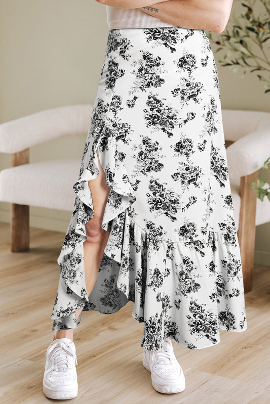 Black Boho Floral High Waist Ruffle Split Maxi Skirt-Bottoms/Skirts & Petticoat-[Adult]-[Female]-Black-S-2022 Online Blue Zone Planet
