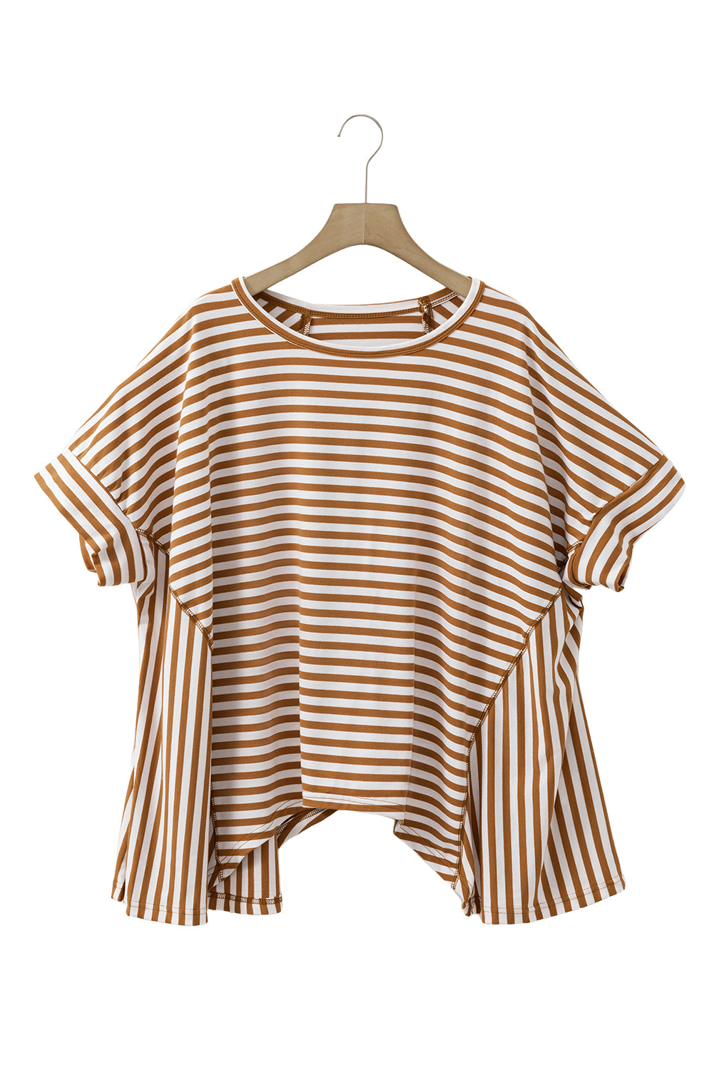 Khaki Striped Batwing Sleeve Oversized Top-Oversized T Shirt-[Adult]-[Female]-2022 Online Blue Zone Planet