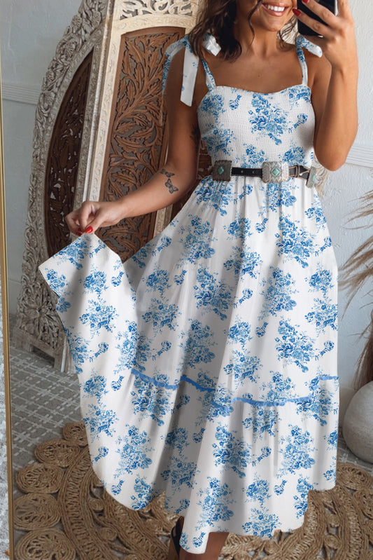 Sky Blue Floral Print Shirred Knot Shoulder Sleeveless Long Dress-Dresses/Floral Dresses-[Adult]-[Female]-Sky Blue-S-2022 Online Blue Zone Planet