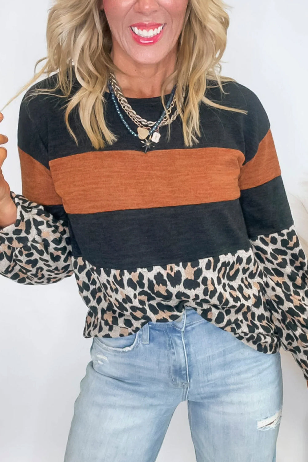 Black Color Block Leopard Patchwork Long Sleeve Casual Top-Tops/Long Sleeve Tops-[Adult]-[Female]-Black-S-2022 Online Blue Zone Planet