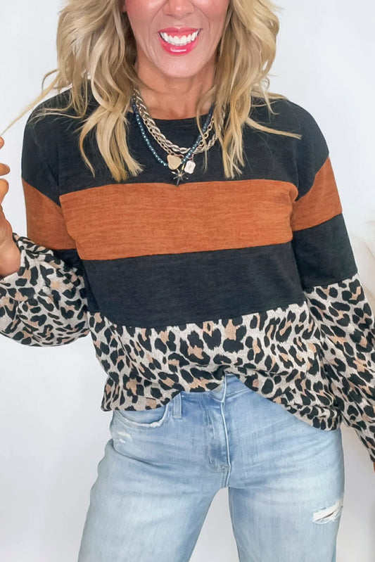 Black Color Block Leopard Patchwork Long Sleeve Casual Top-Tops/Long Sleeve Tops-[Adult]-[Female]-Black-S-2022 Online Blue Zone Planet