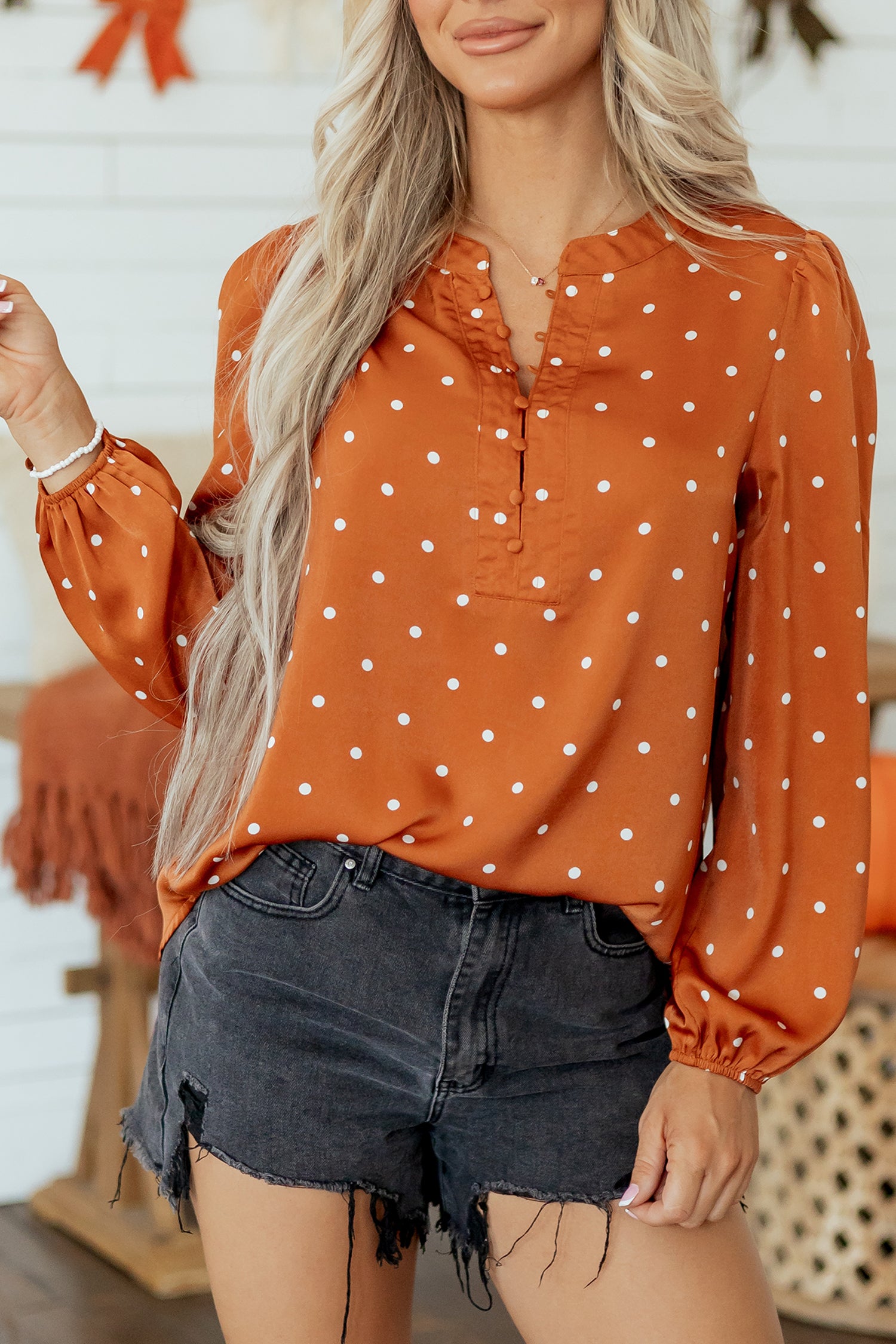 Brown Polka Dot Half Button V Neck Long Sleeve Blouse-Tops/Blouses & Shirts-[Adult]-[Female]-2022 Online Blue Zone Planet